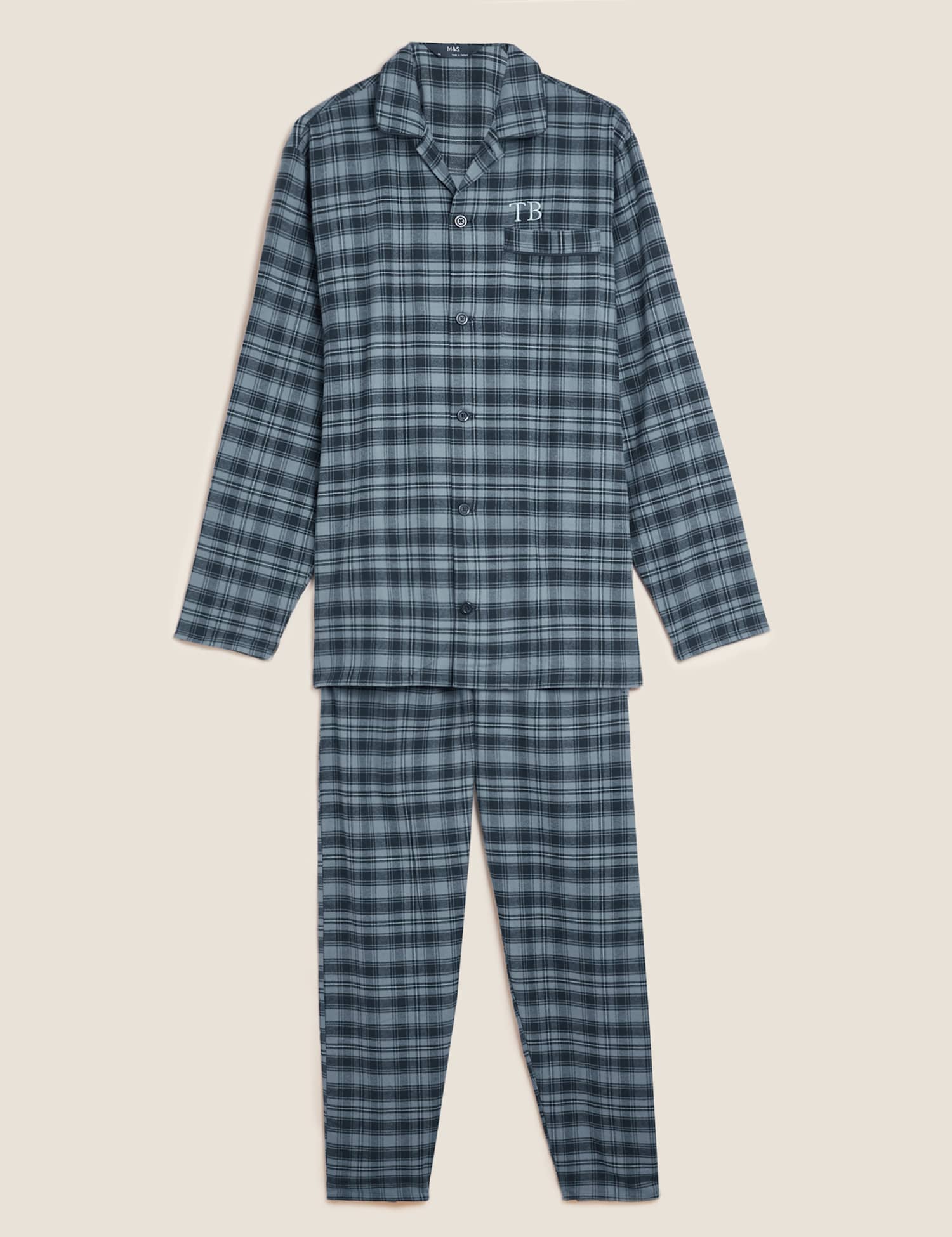 M&S Personalised Men's Brushed Cotton Pyjamas Navy