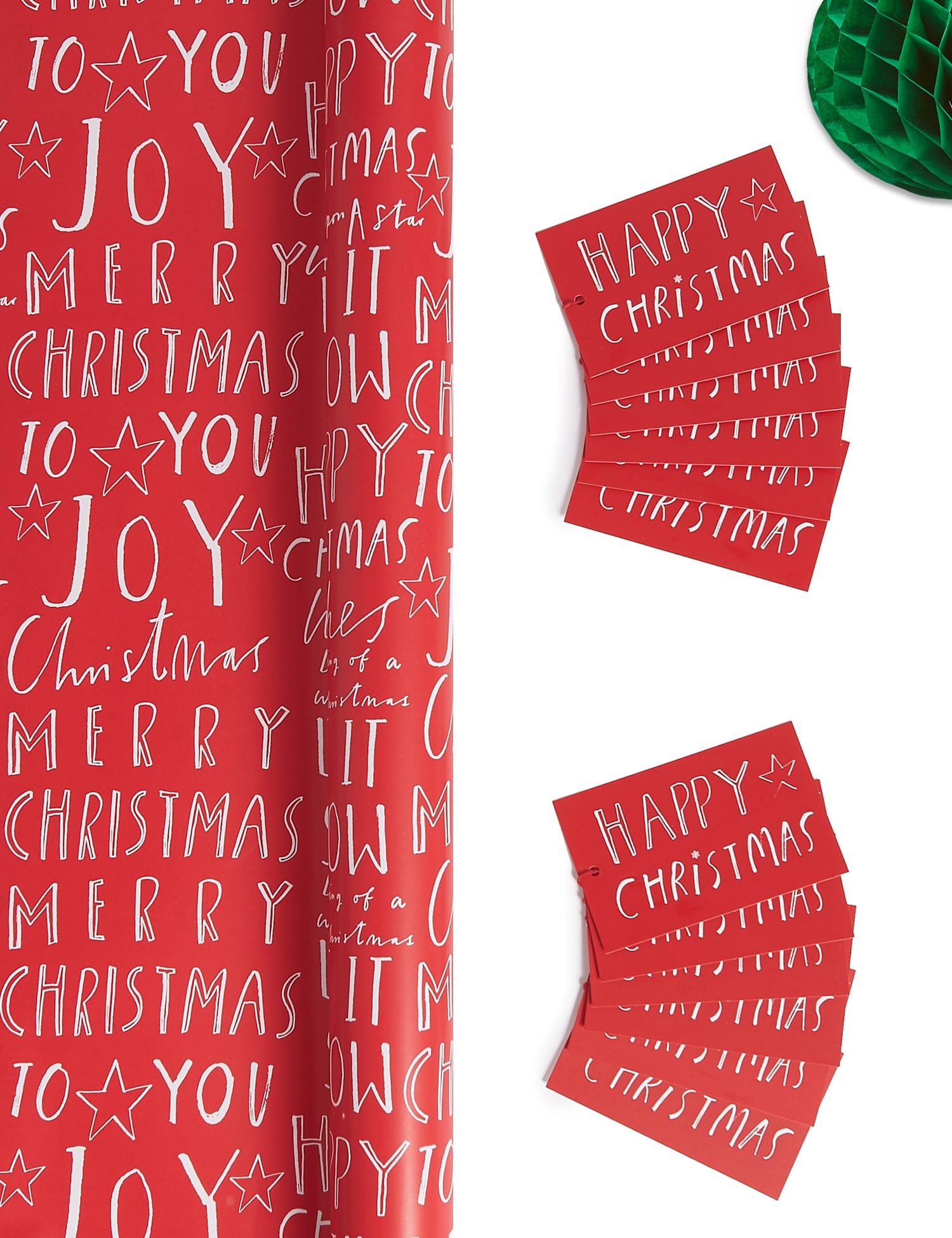 M&S Red & White Text Jumbo Christmas Wrapping Paper 14m & 12 Gift Tags Red