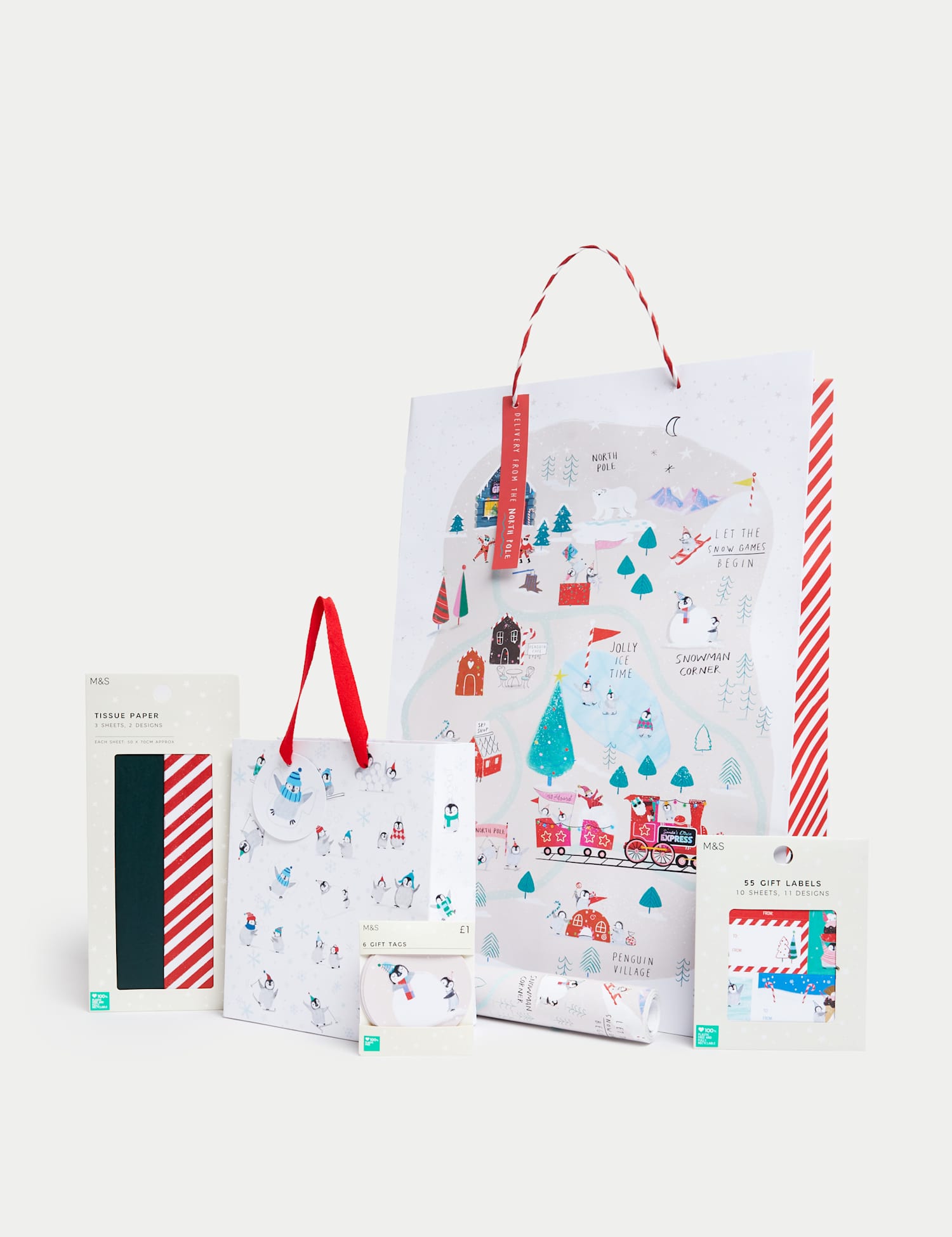 M&S Cute 10m Christmas Gift Wrap with Gift Tags Bags & Tissue No Colour