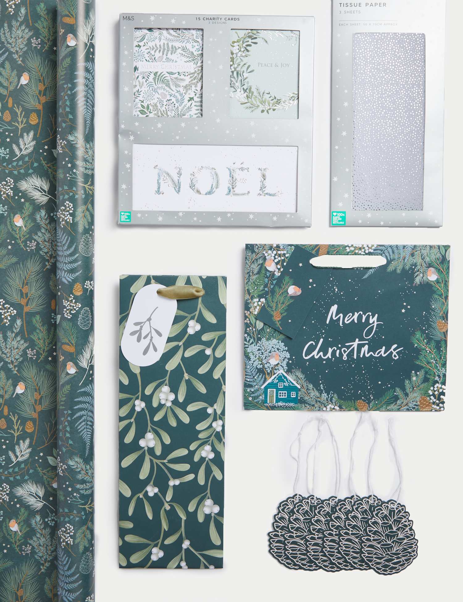 M&S Green 3M Christmas Gift Wrap with Cards Tags Bags & Tissue No Colour
