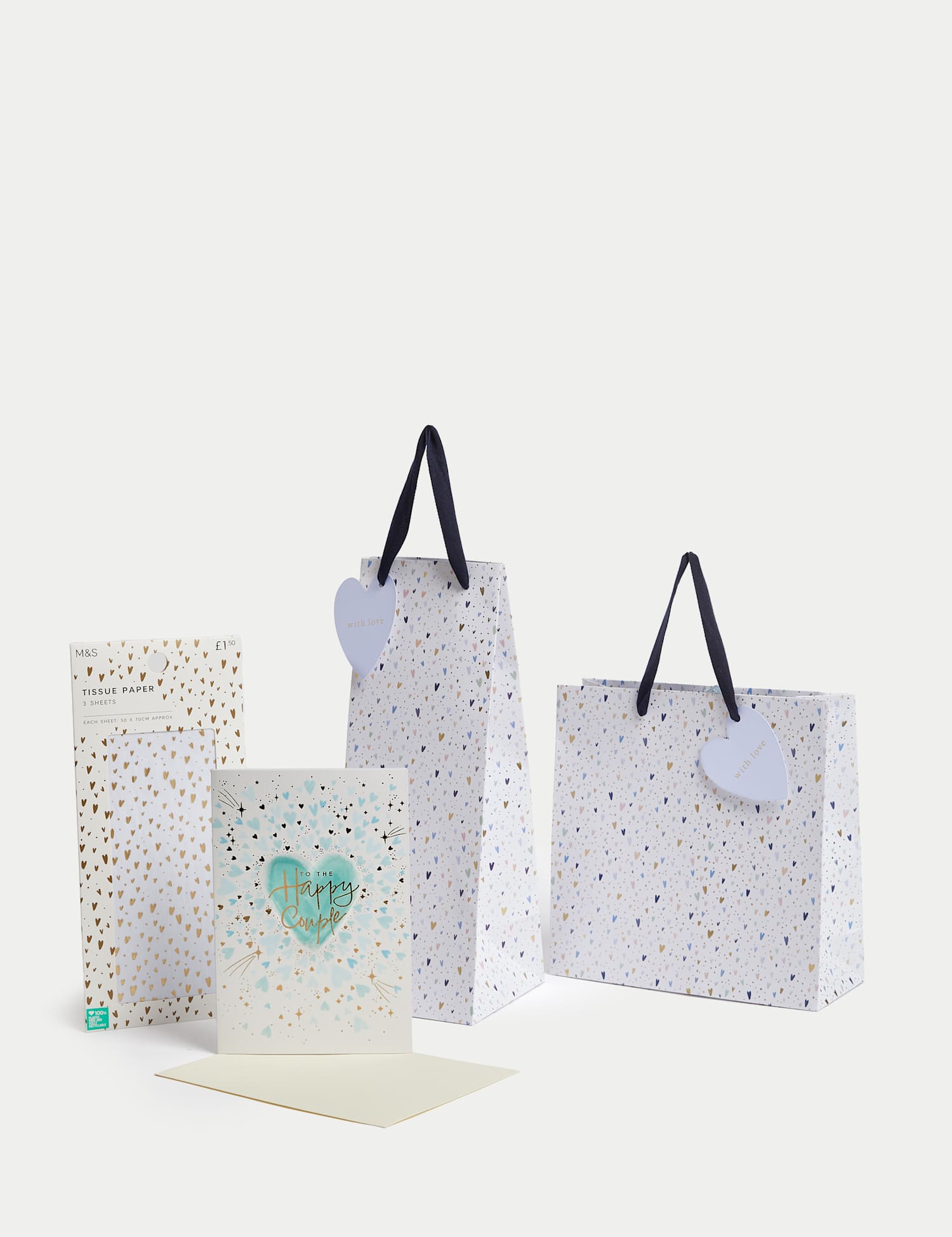 M&S Tiny Hearts Gift Wrap Set With Wedding Card Gift Bags & Tissue No Colour