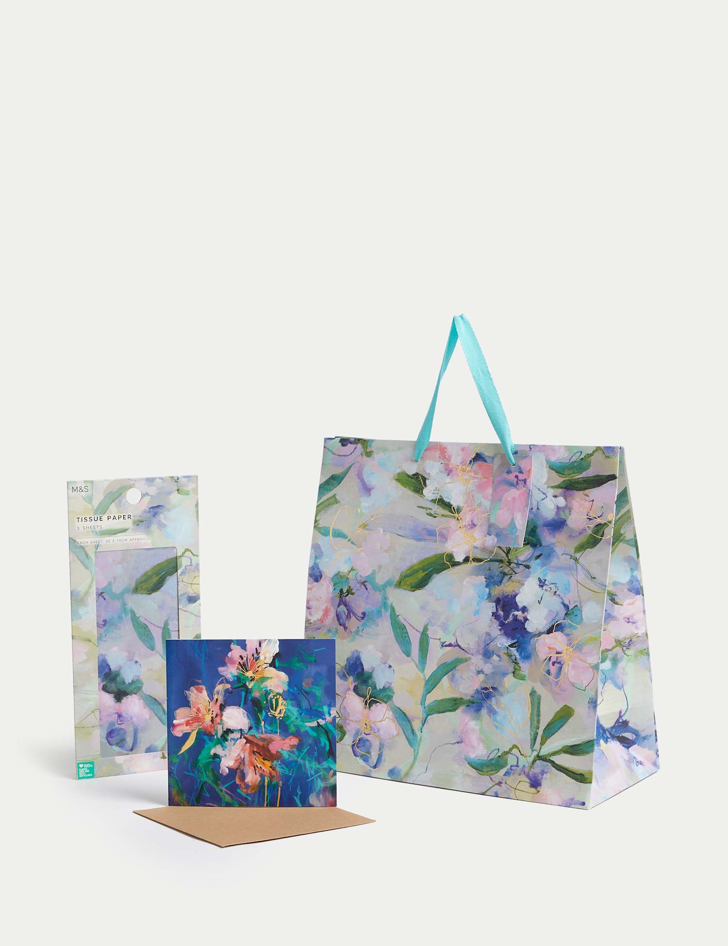 M&S Floral Gift Wrap Set With Blank Greetings Card Gift Bag & Tissue No Colour