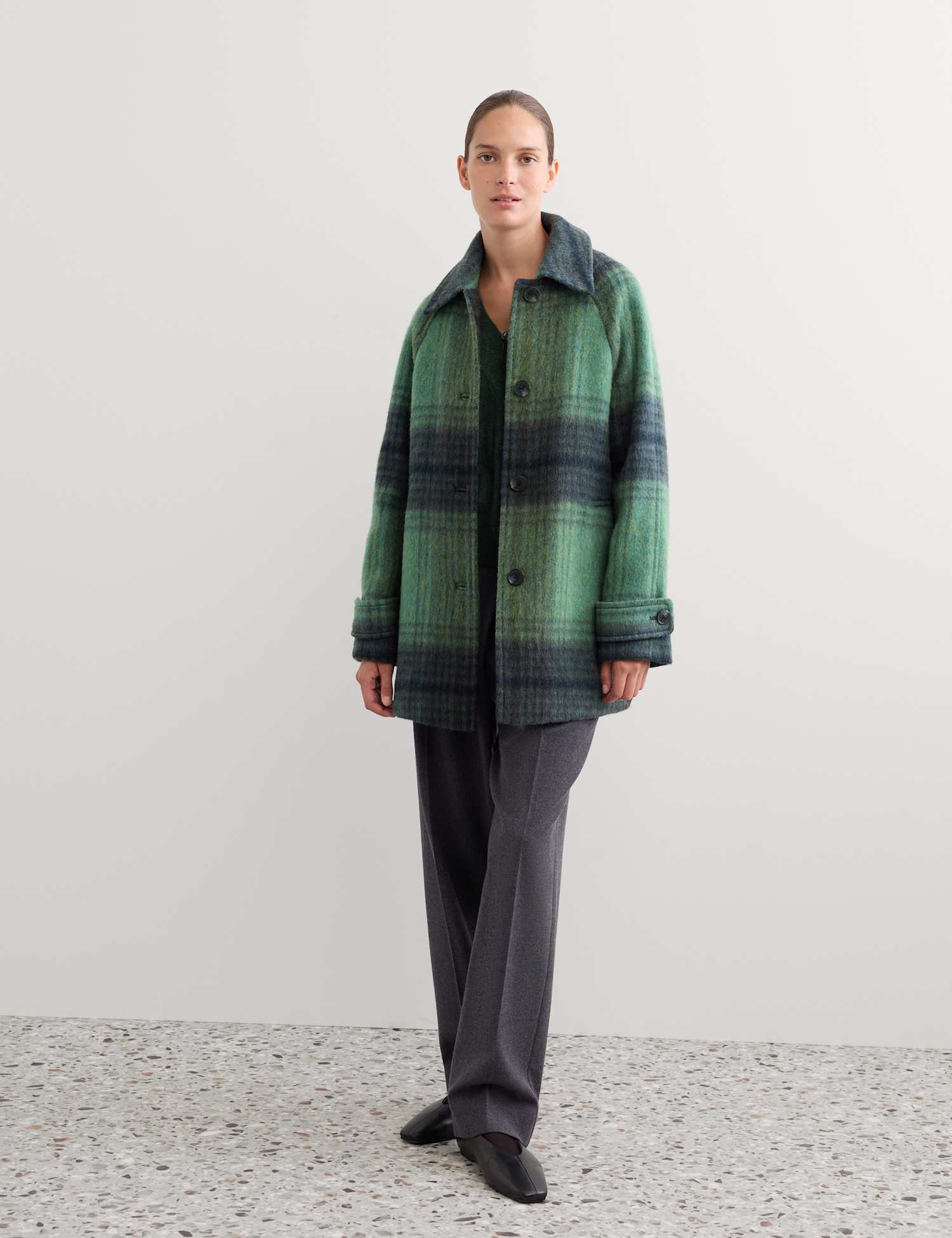 JAEGER Wool Rich Checked Short Cocoon Coat Blue/Green