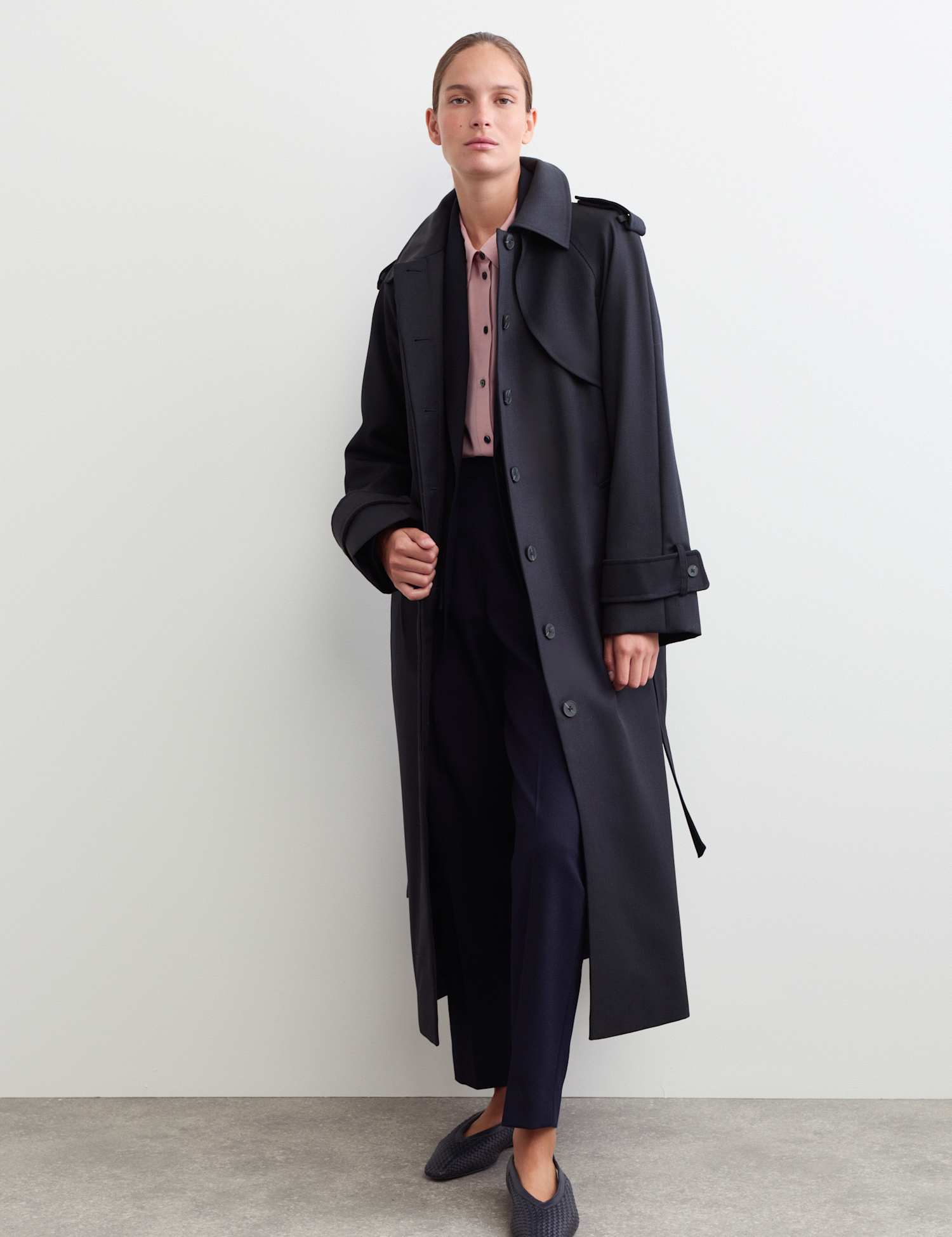 JAEGER Wool Blend Longline Trench Coat Navy
