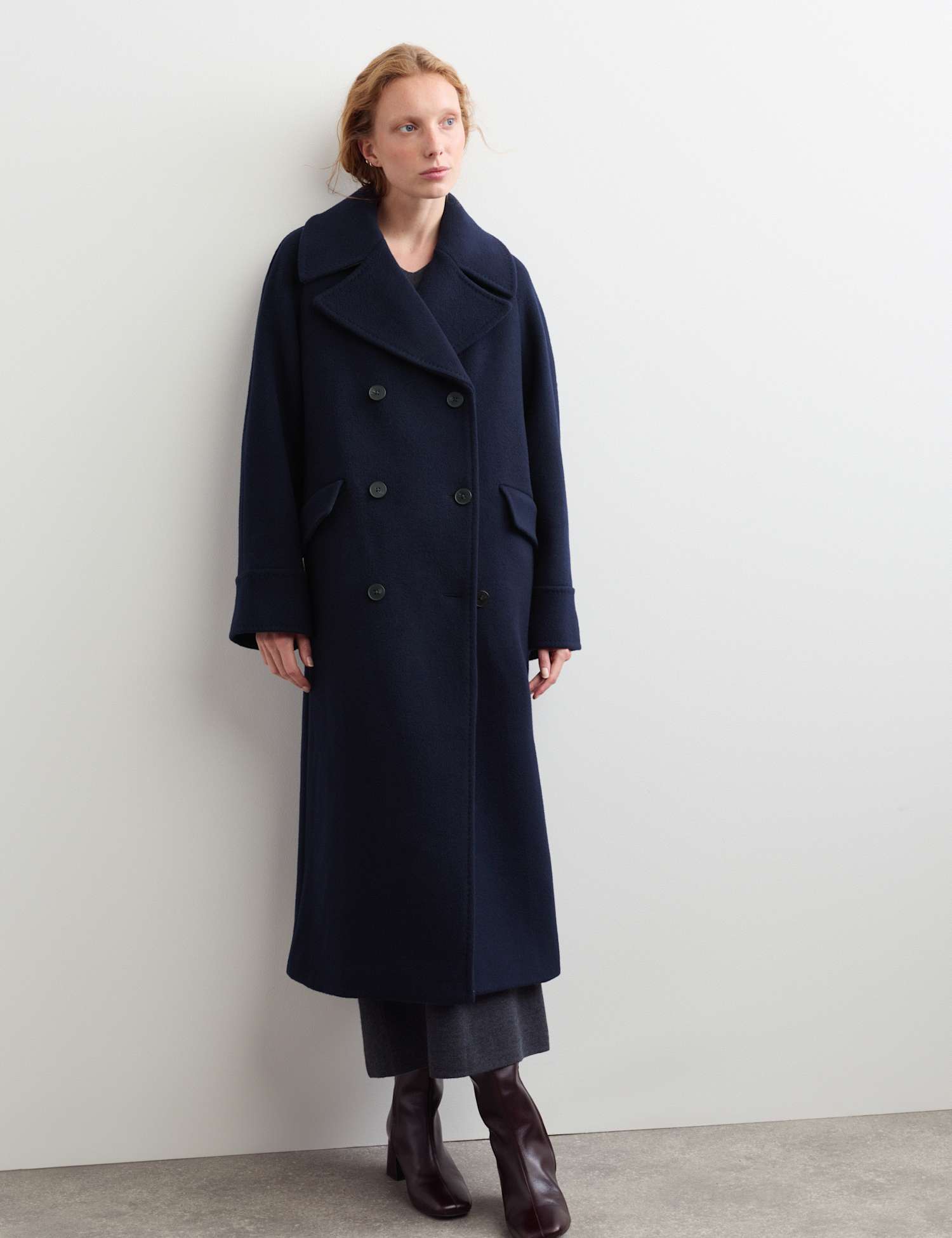 JAEGER Pure Wool Double Breasted Cocoon Coat Navy