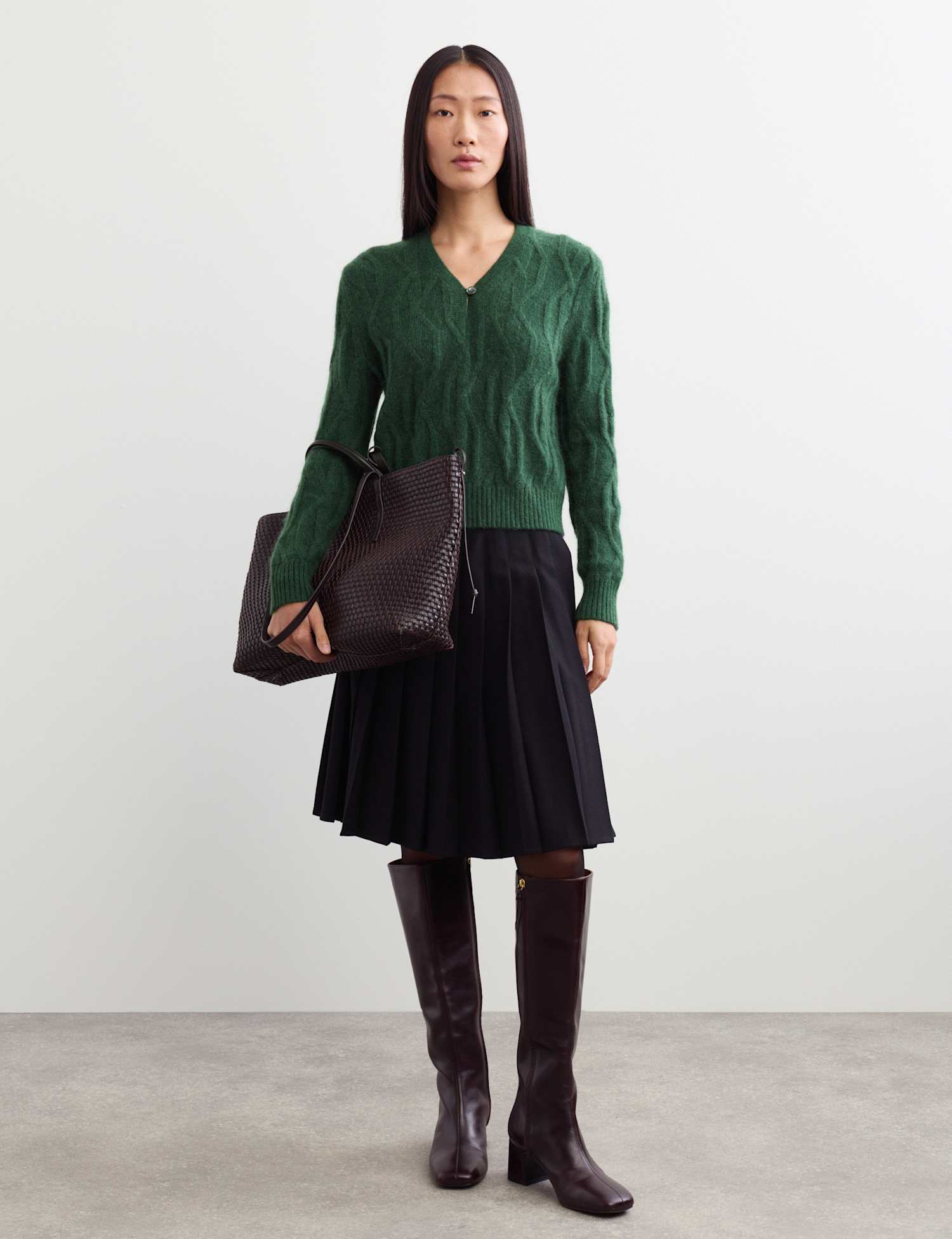 JAEGER Mohair Cable Knit V Neck Keyhole Jumper Dark Green