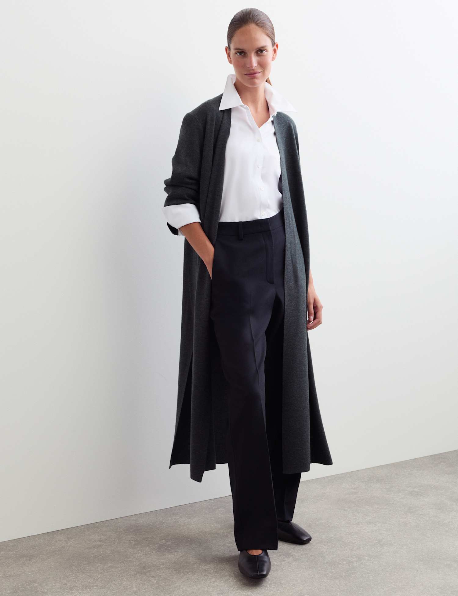 JAEGER Pure Merino Wool V-Neck Longline Cardigan Charcoal