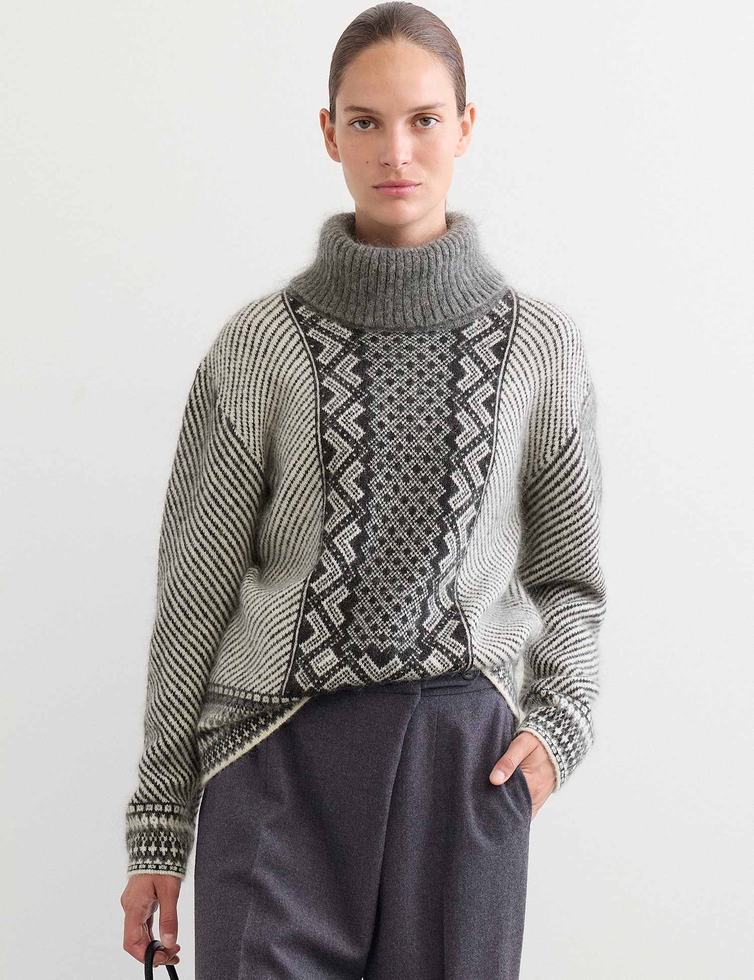 JAEGER Mohair Blend Fair Isle Roll Neck Jumper Ivory Mix