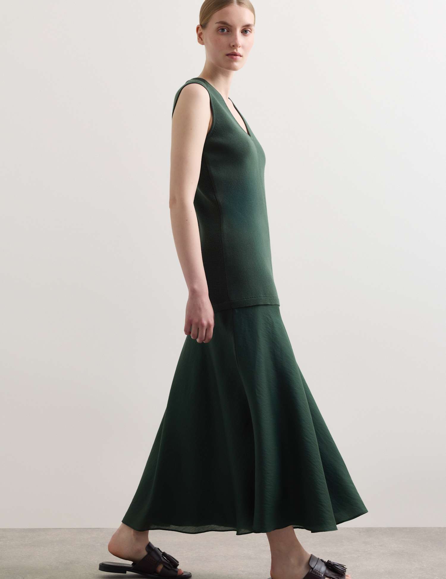 JAEGER V-Neck Stitch Detail Midi Knitted Dress Dark Green