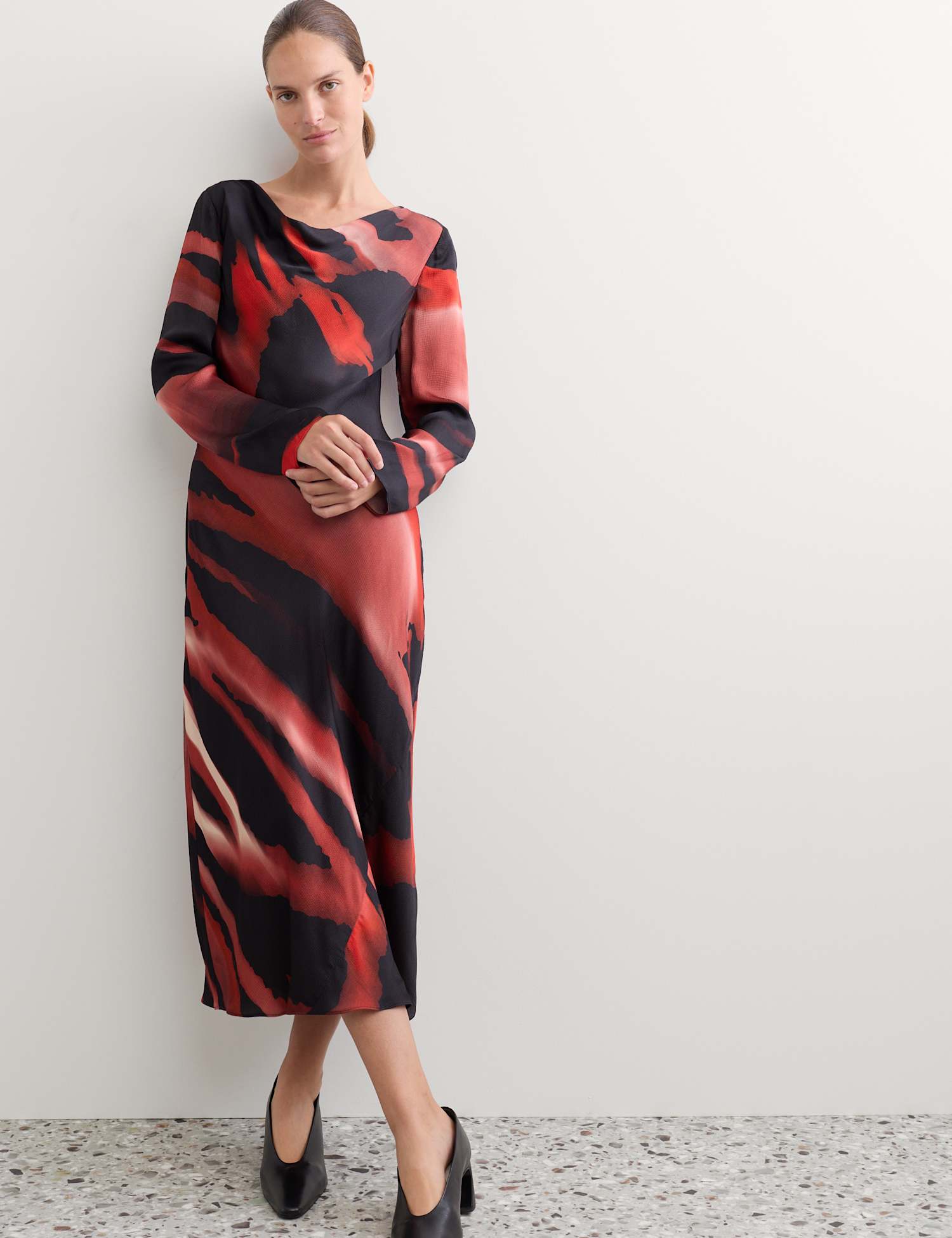 JAEGER Satin Printed Cowl Neck Midi Slip Dress Red Mix