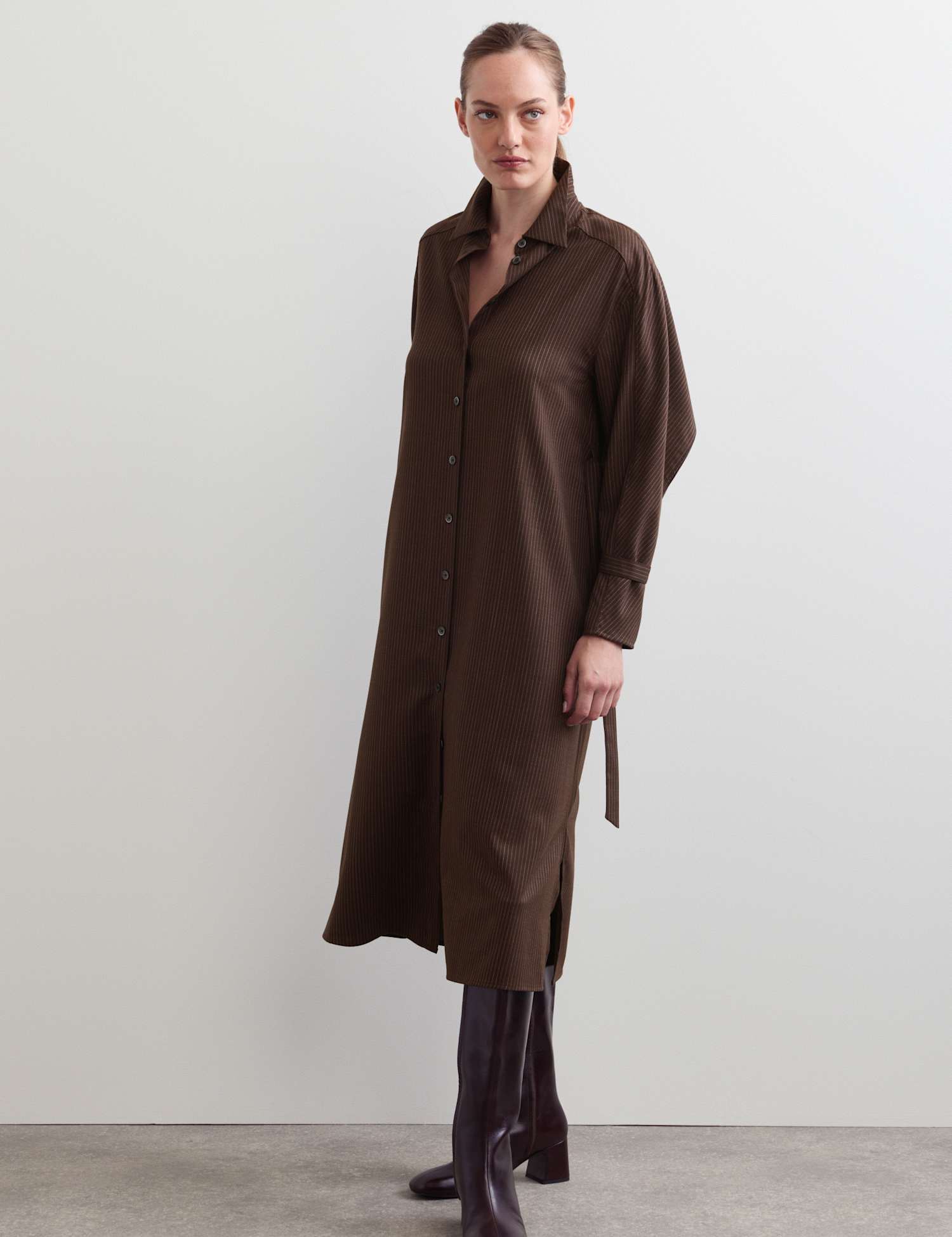 JAEGER Wool Rich Pinstripe Midi Tailored Dress Chocolate