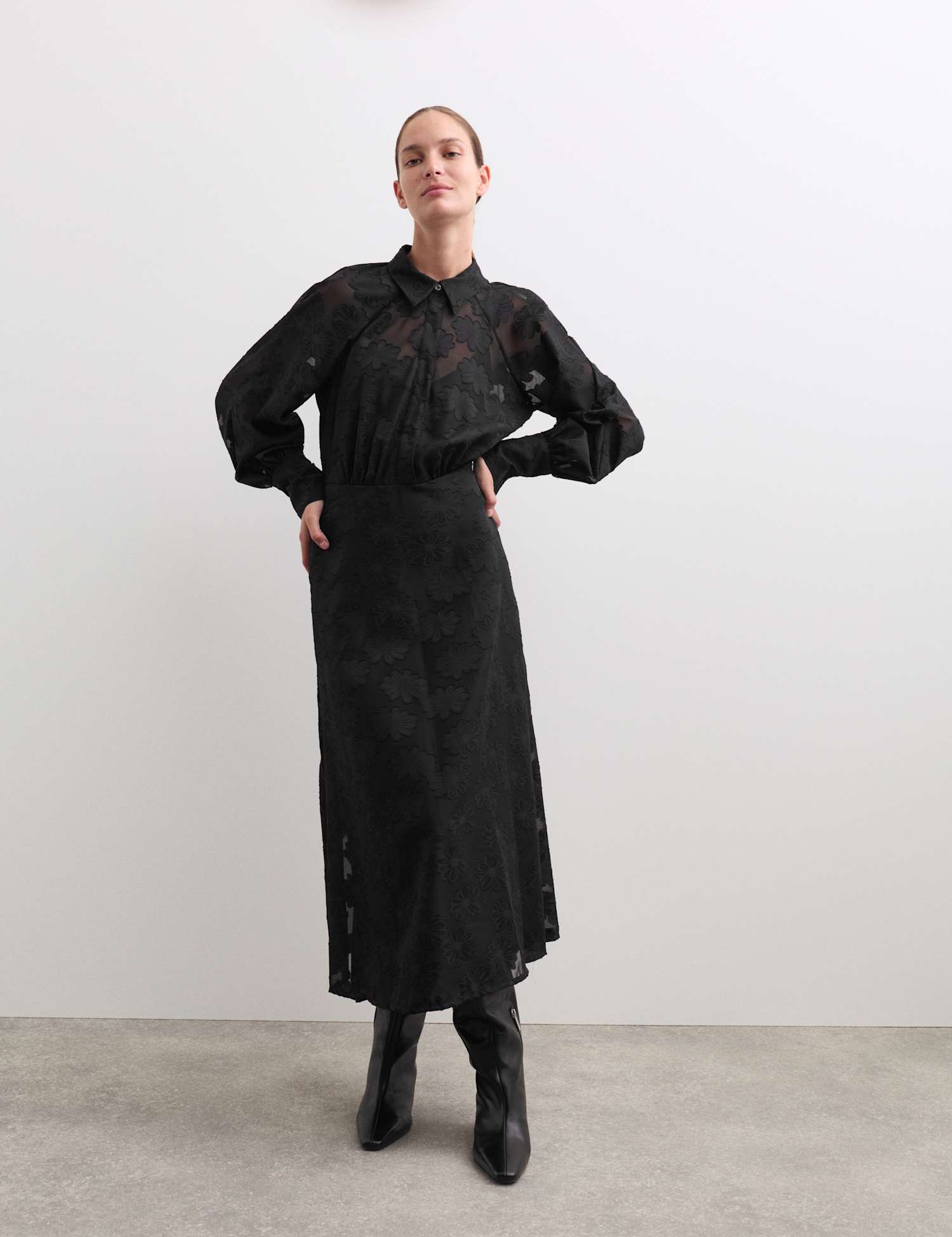 JAEGER Floral Textured Midaxi Skater Shirt Dress Black