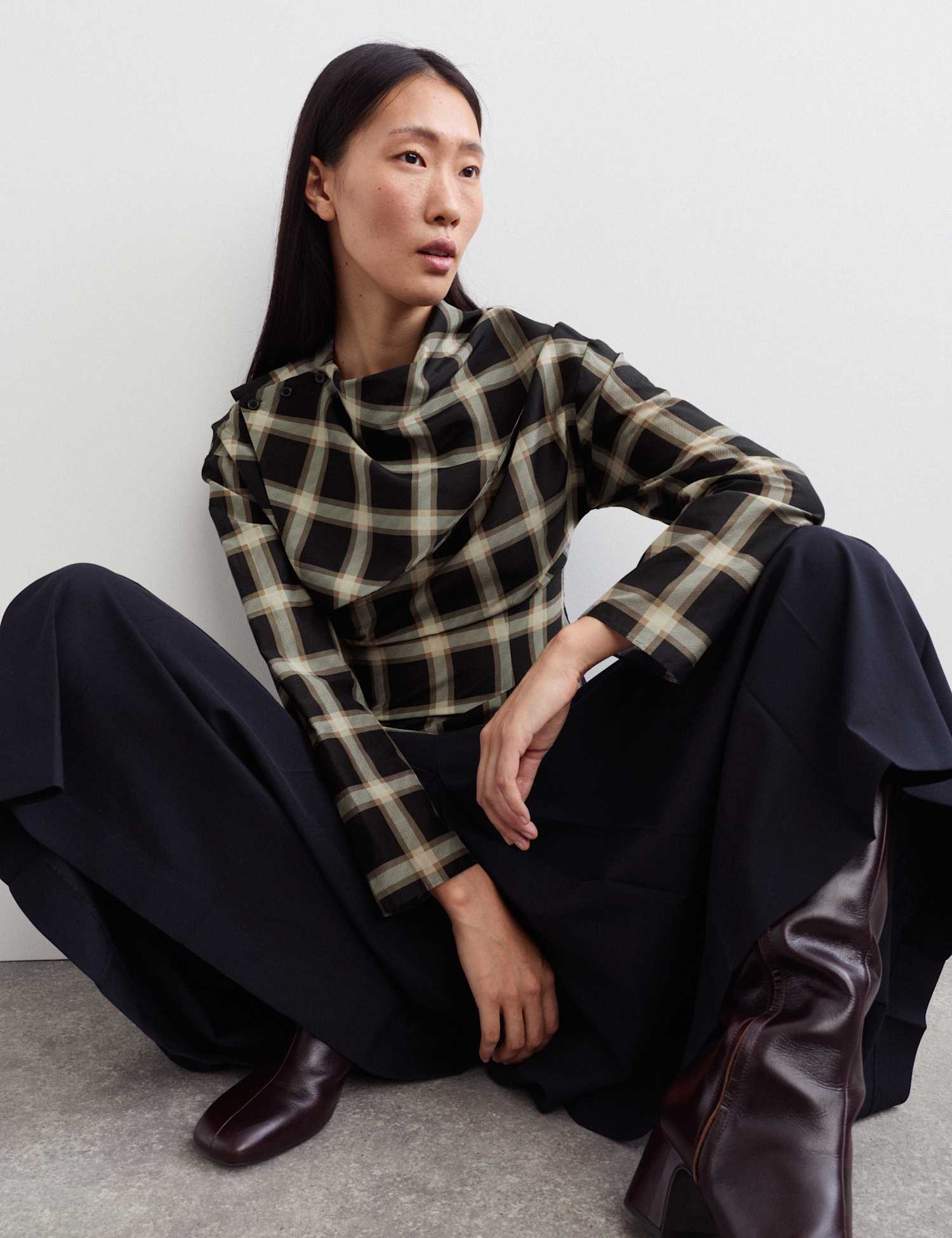 JAEGER Cotton Rich Checked Cowl Neck Blouse with Silk Black Mix