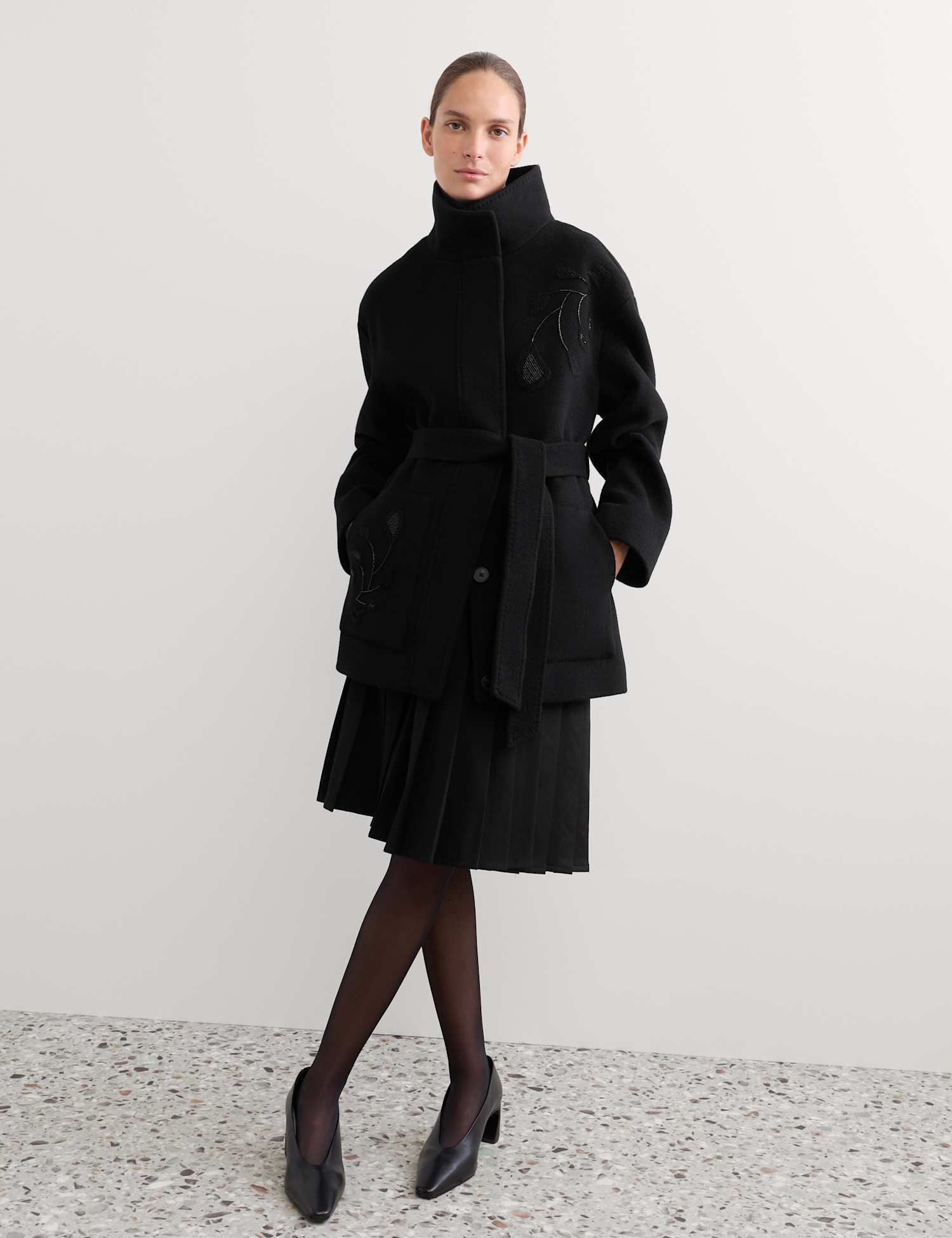 JAEGER Pure Wool Funnel Neck Embroidered Jacket Black