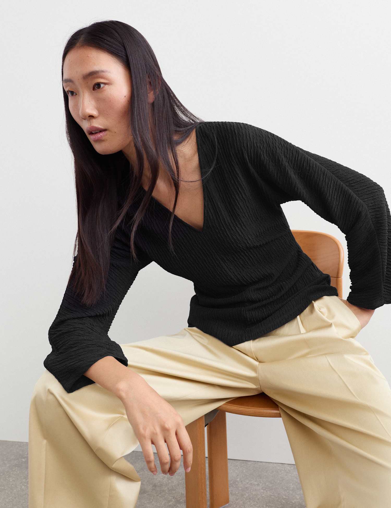 JAEGER Jersey Textured V Neck Pleat Detail Top Black