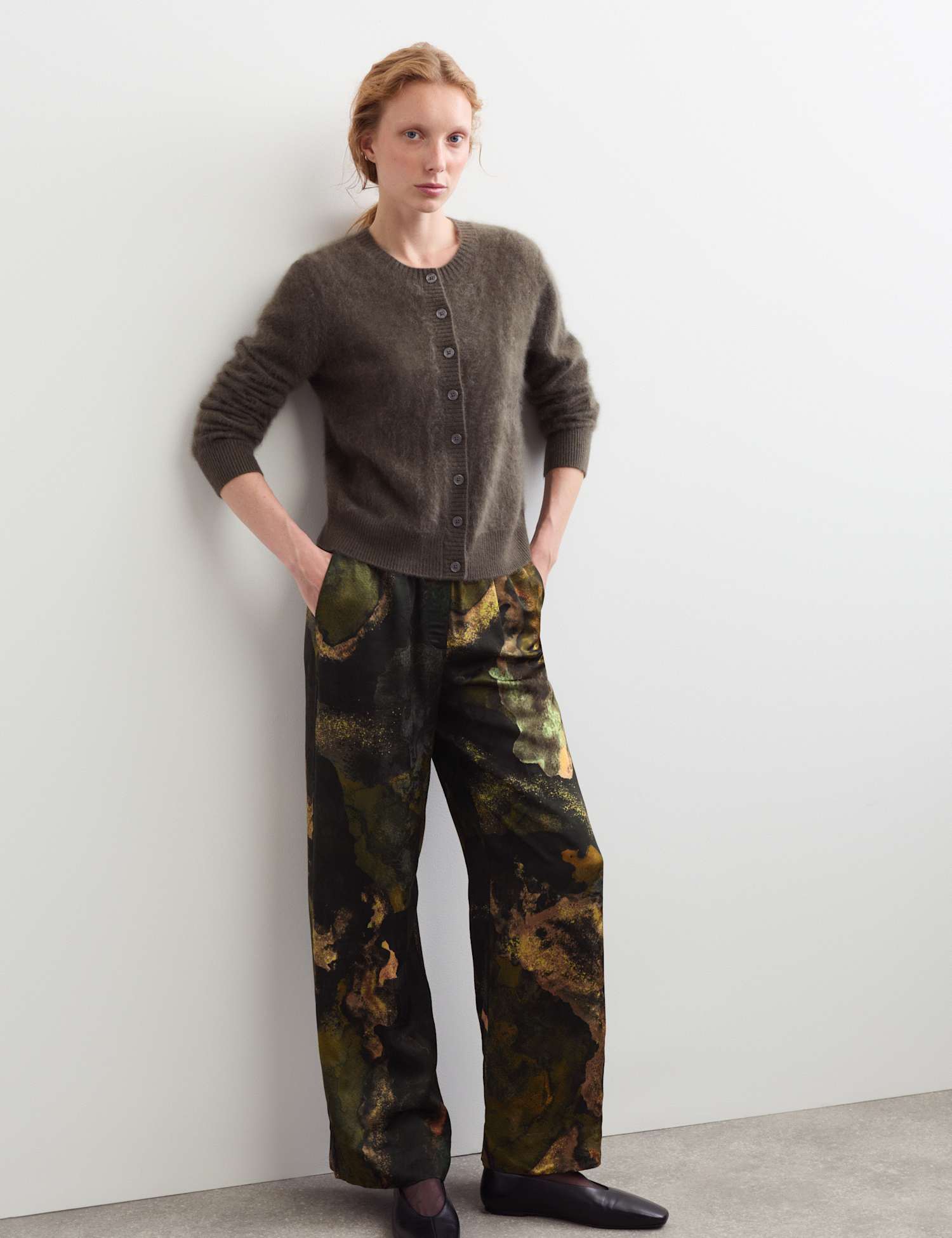 JAEGER Jaquard Elasticated Waist Wide Leg Trousers Green Mix