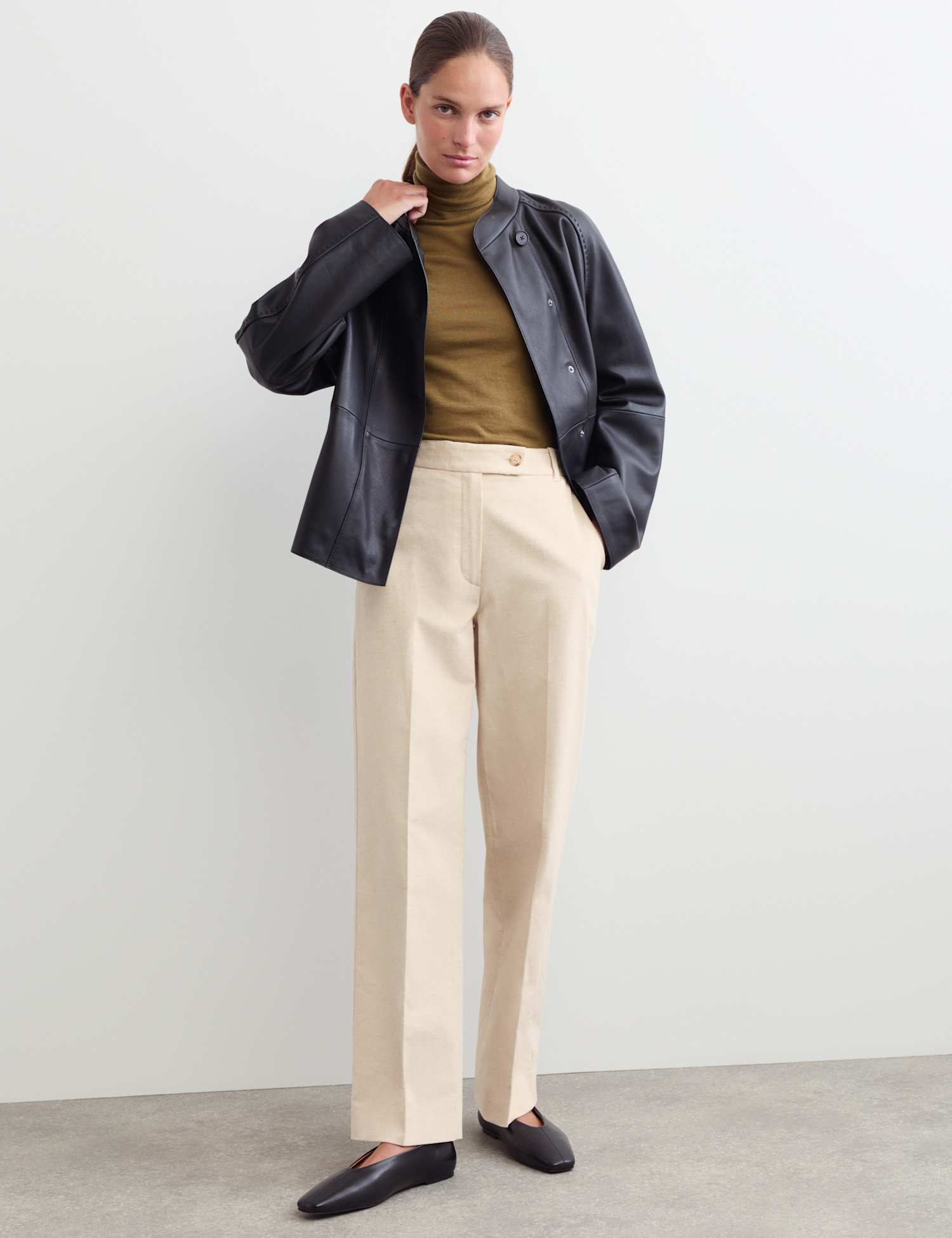 JAEGER Cotton With Linen Cord Straight Leg Trousers Oatmeal