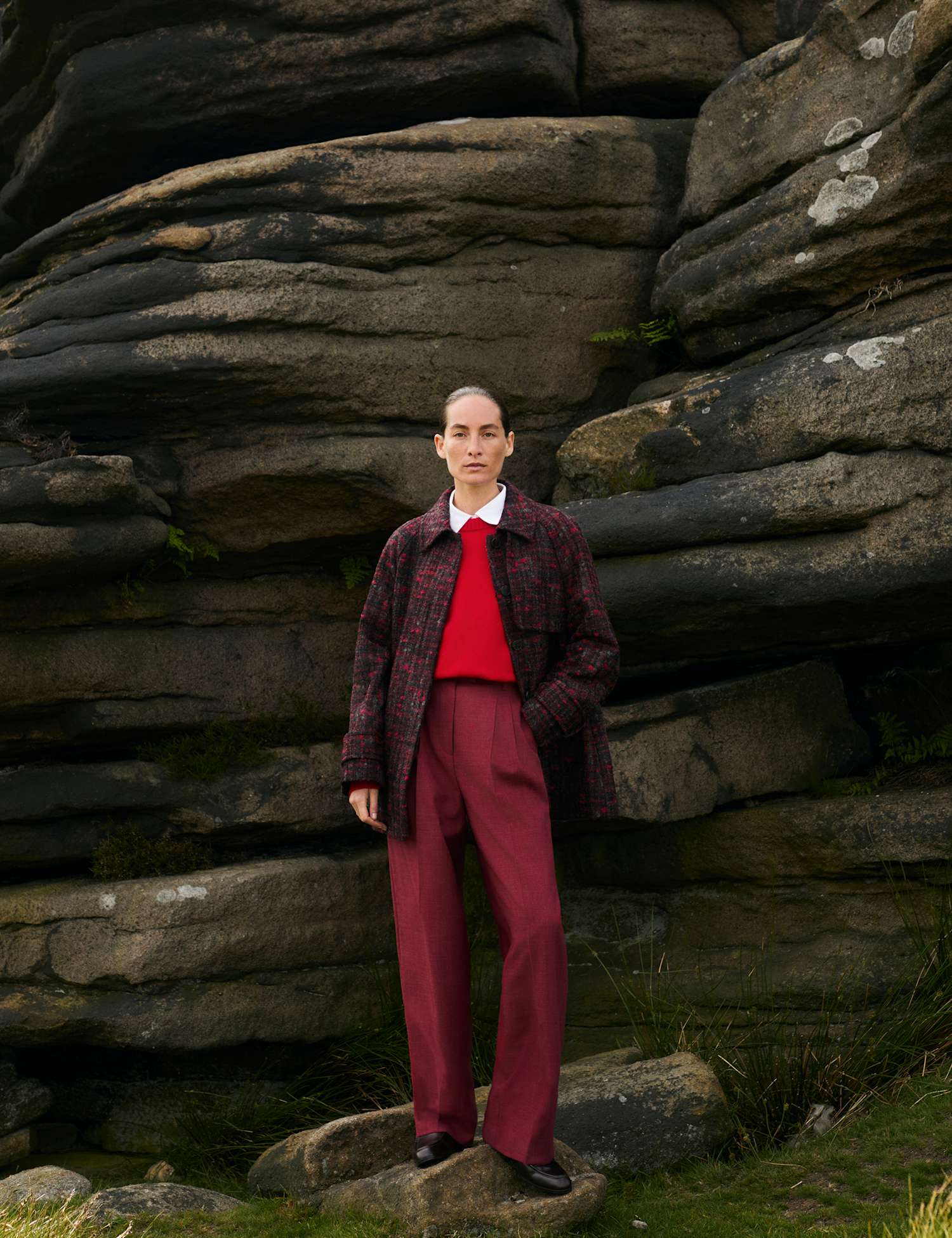 JAEGER Italian Wool Rich Wide Leg Trousers Red Mix