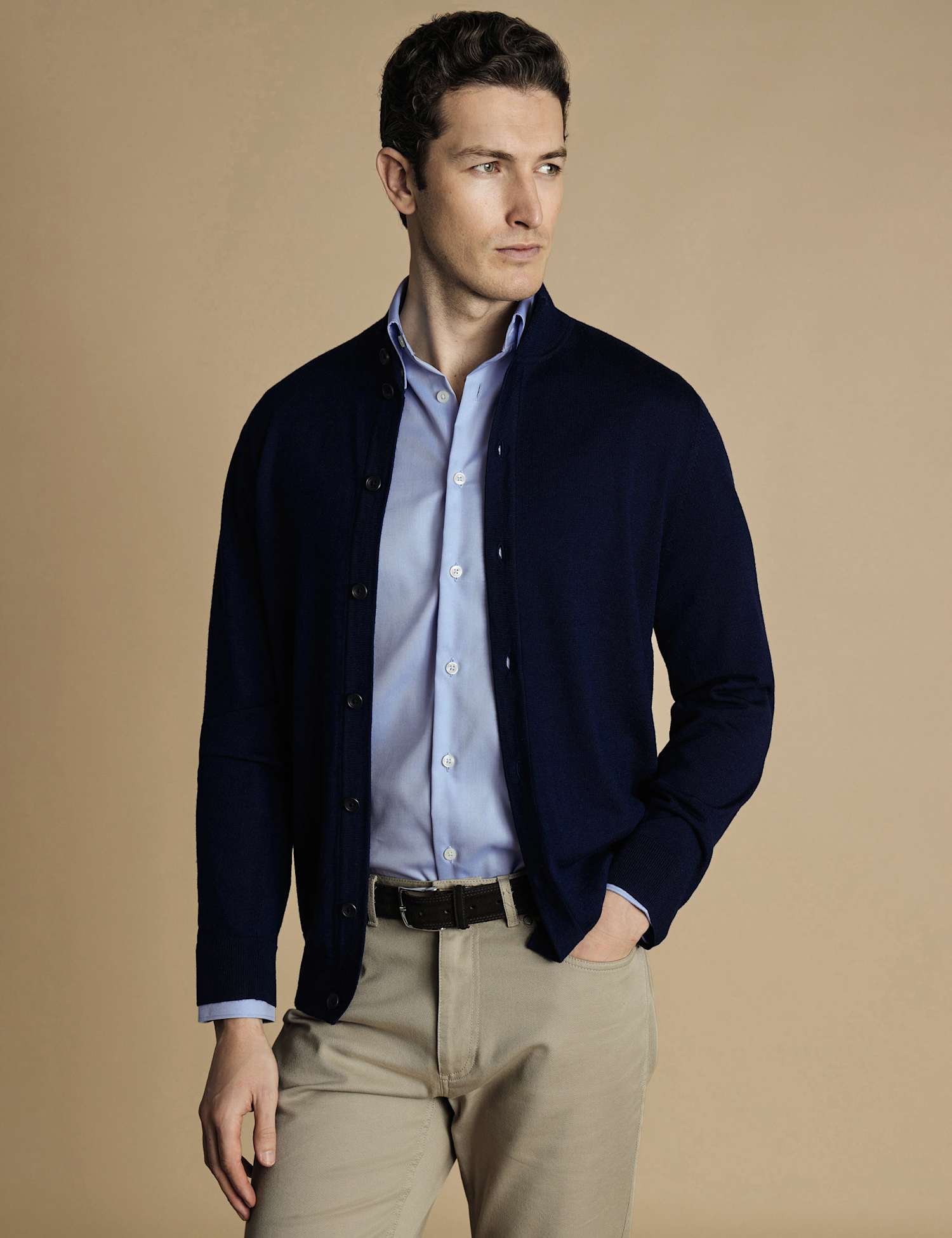 Charles Tyrwhitt Pure Wool Funnel Neck Cardigan Navy