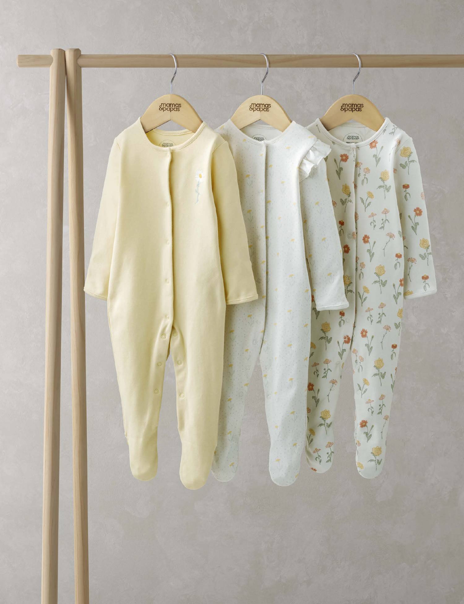 Mamas & Papas 3 Pack Pure Cotton Floral Sleepsuits (0-24 Mths) Yellow