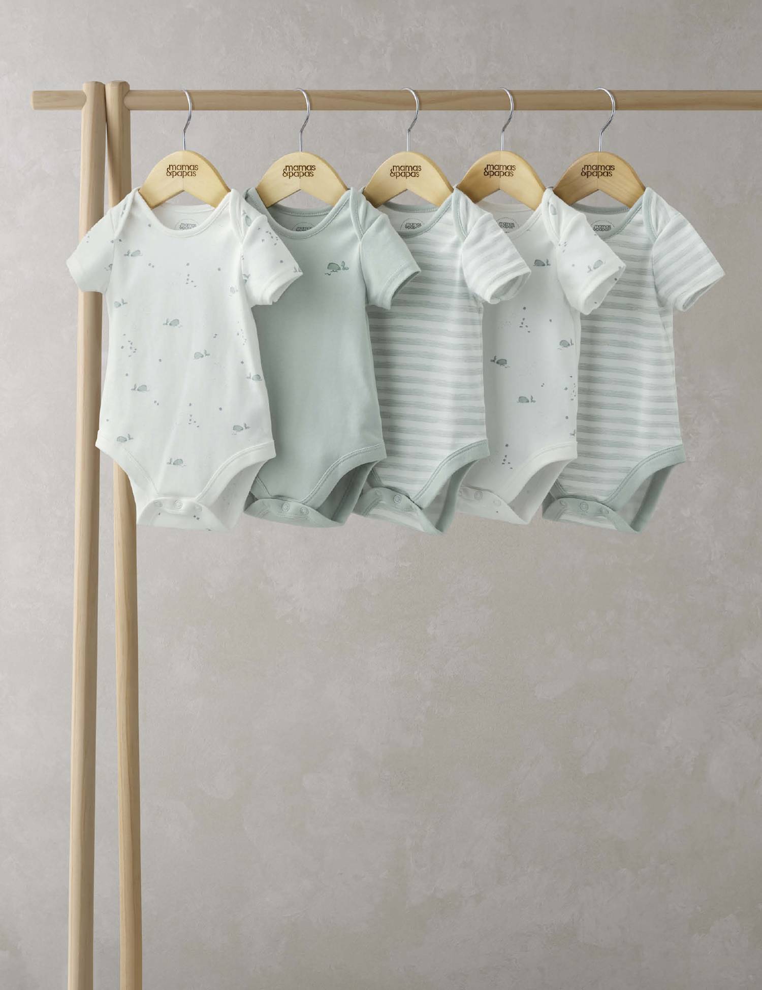 Mamas & Papas 5 Pack Pure Cotton Whale & Striped Bodysuits (0-24 Mths) Blue