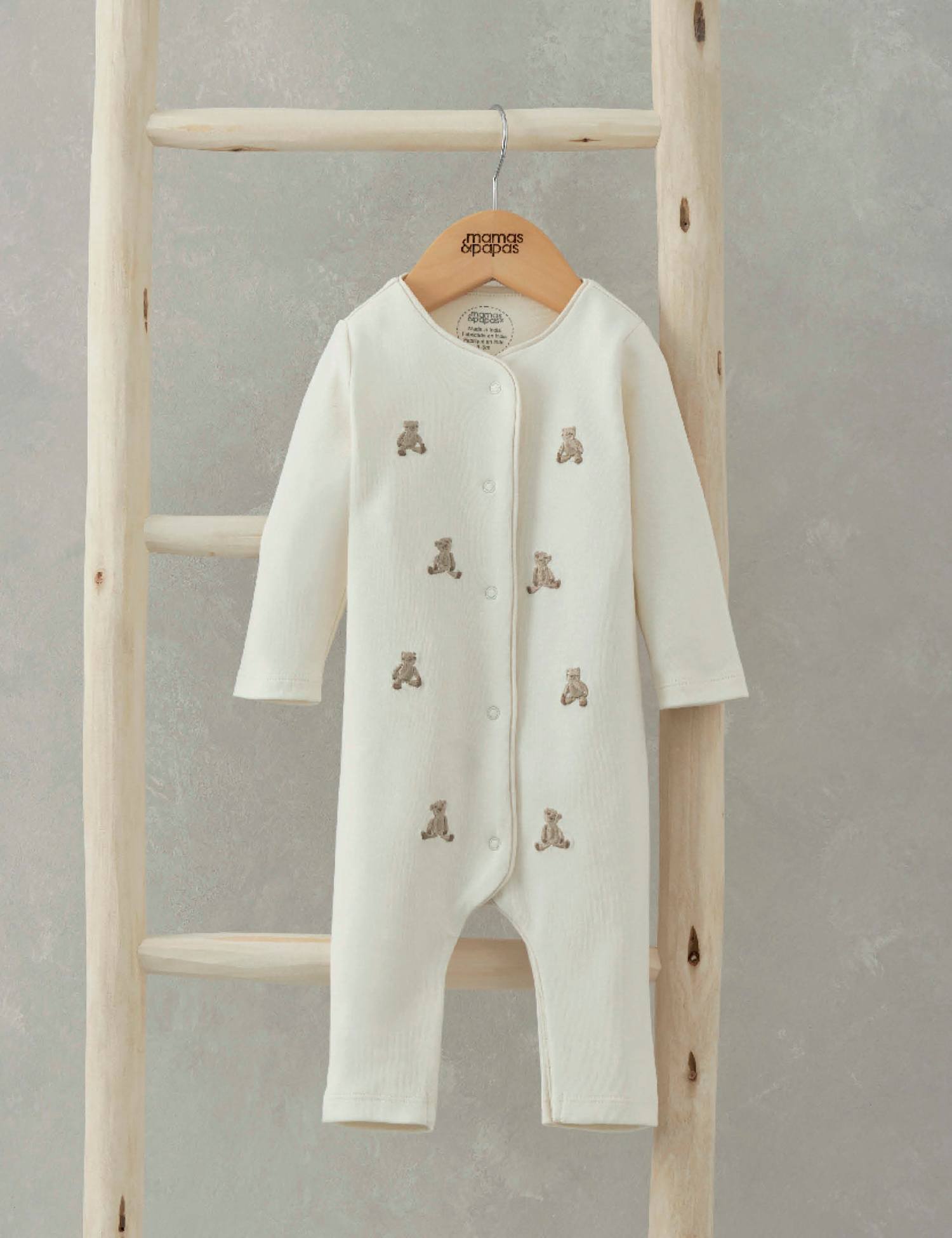 Mamas & Papas Embroidered Teddy Bear Romper (7lbs-1 Yrs) Cream
