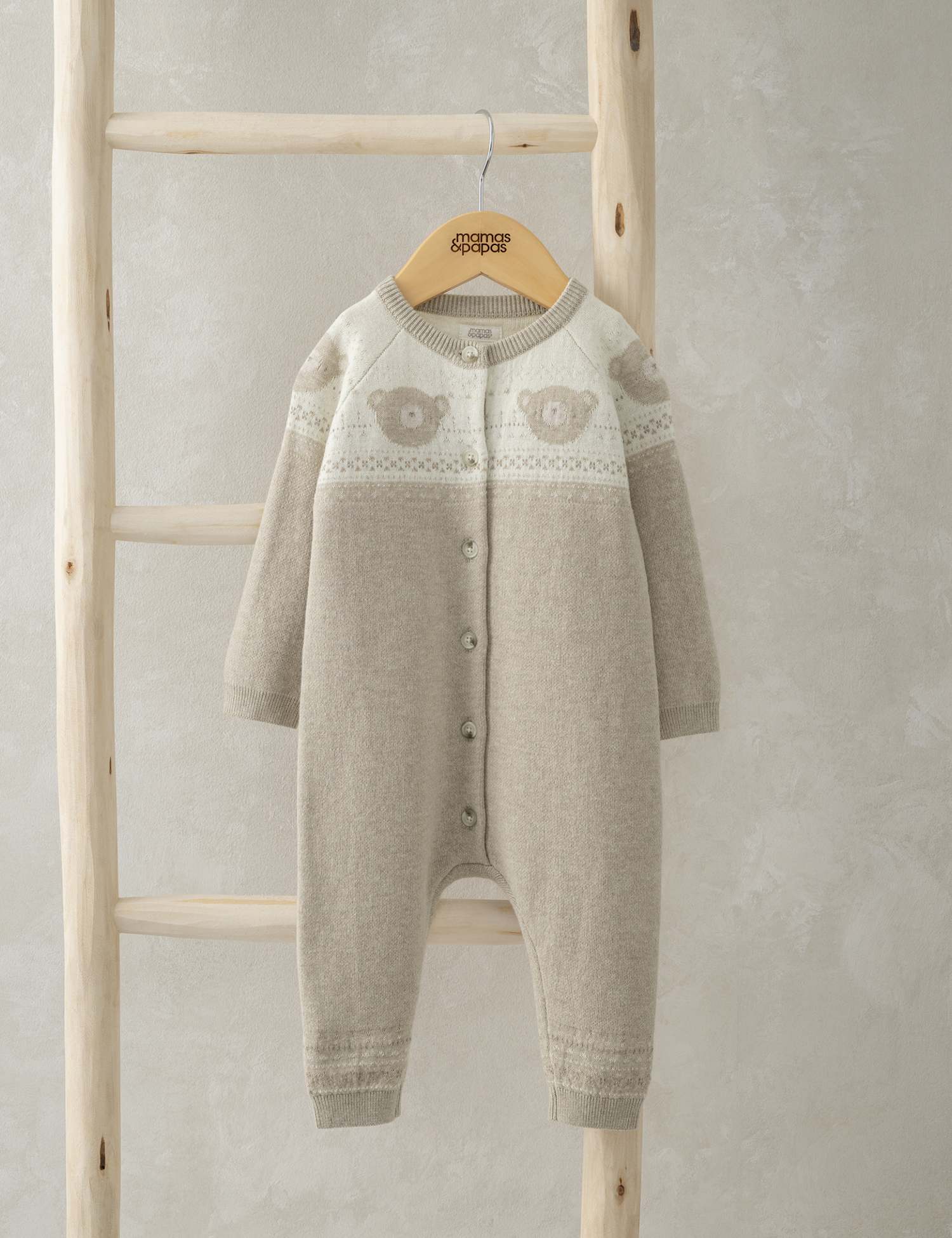 Mamas & Papas Pure Cotton Teddy Bear Fair Isle Knitted Romper (0-12 Mths) Beige
