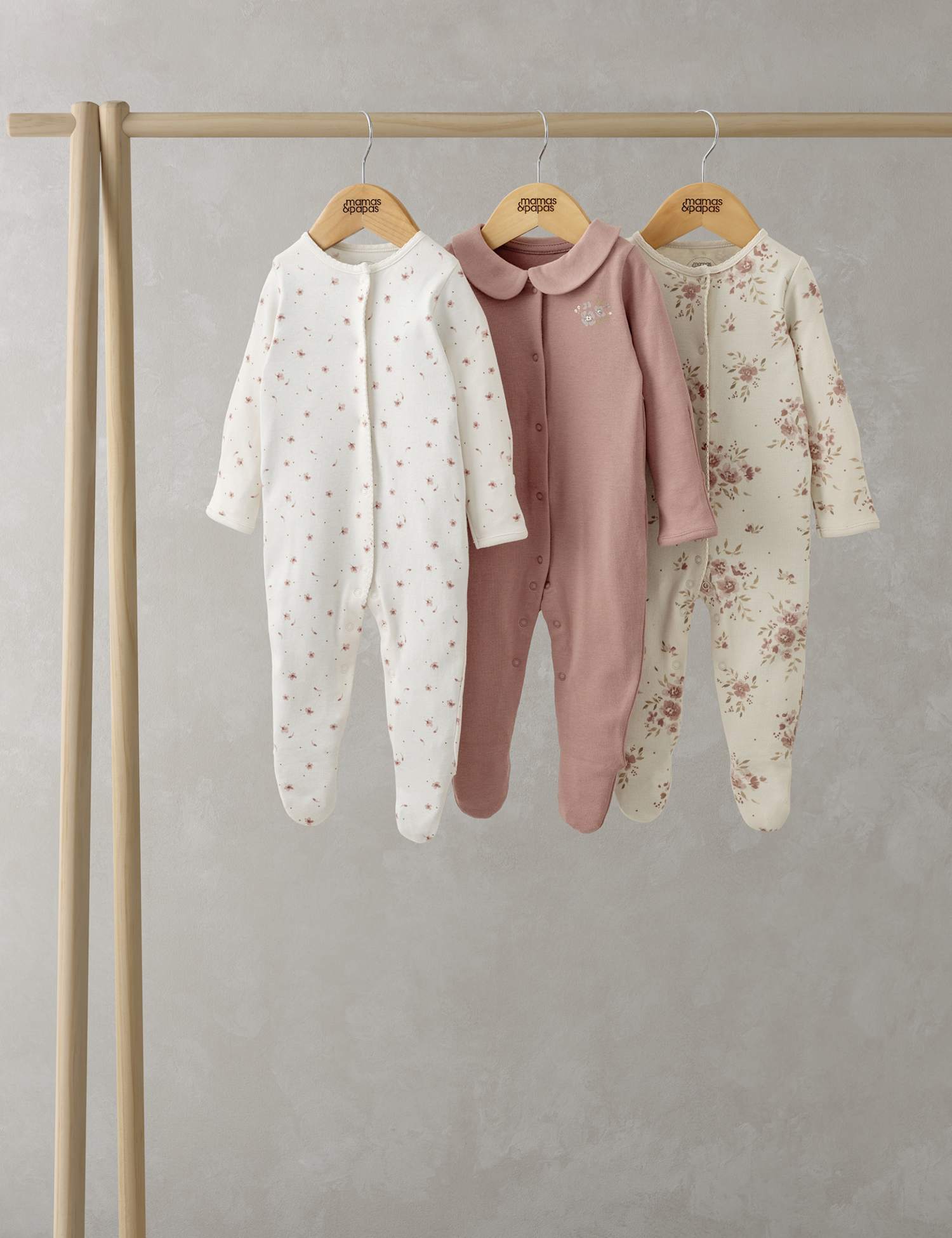 Mamas & Papas 3 Pack Pure Cotton Floral Sleepsuits (0-24 Mths) Pink