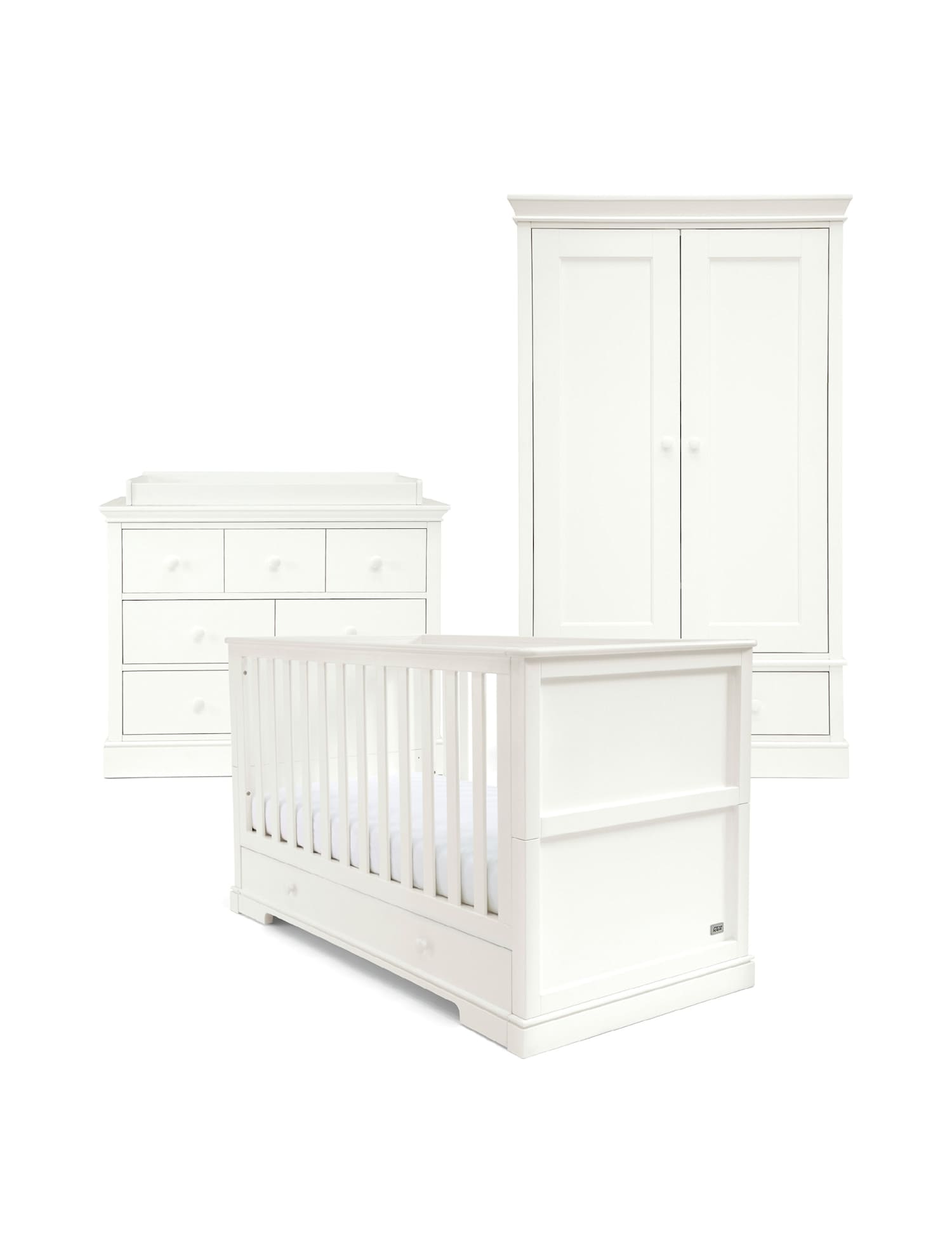 Mamas & Papas Oxford 3 Piece Cotbed Range with Dresser and Wardrobe White