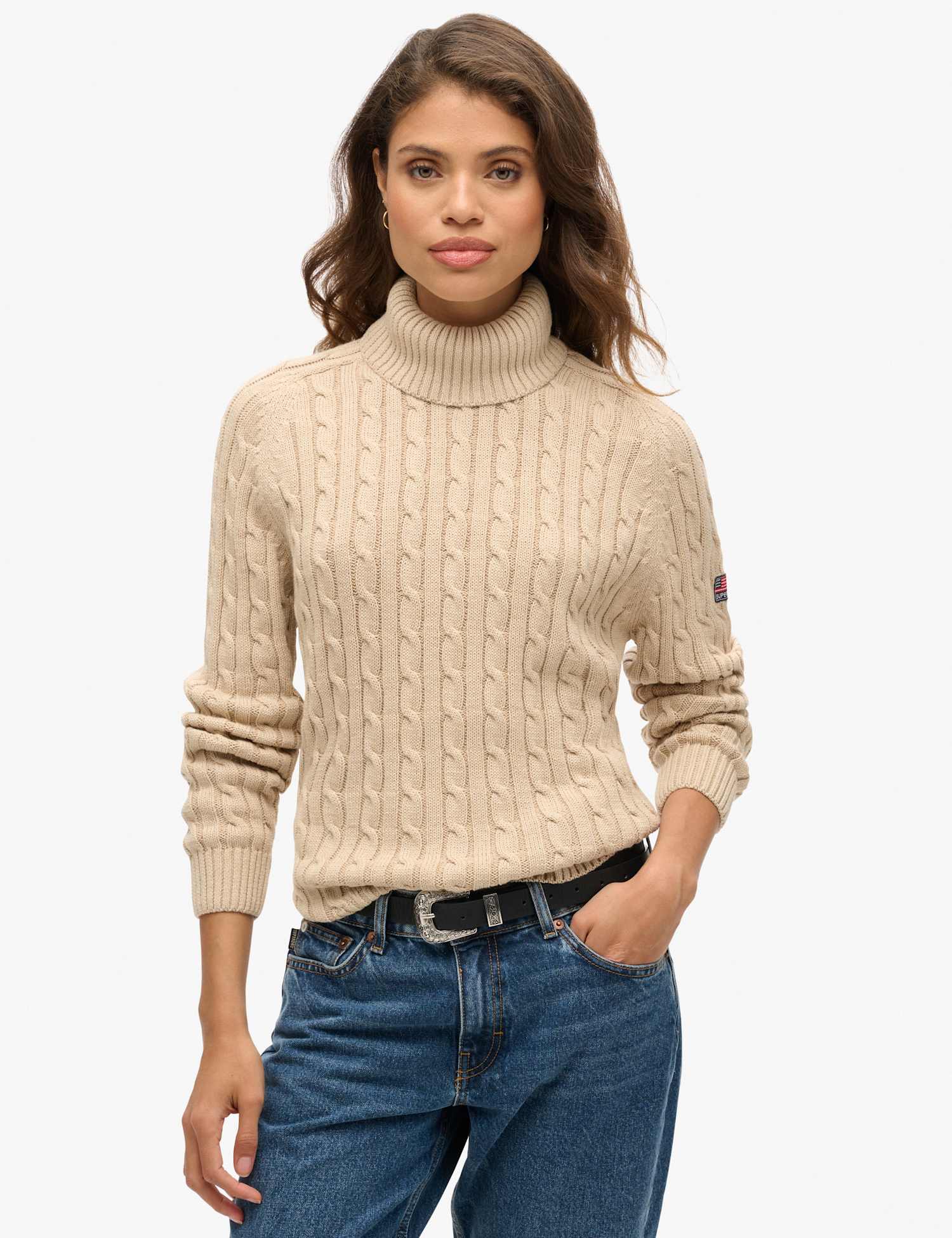 Superdry & Co Pure Cotton Cable Knit Roll Neck Jumper Beige