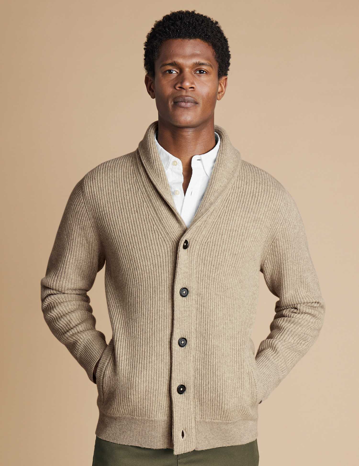 Charles Tyrwhitt Pure Merino Wool Shawl Collar Cardigan Natural