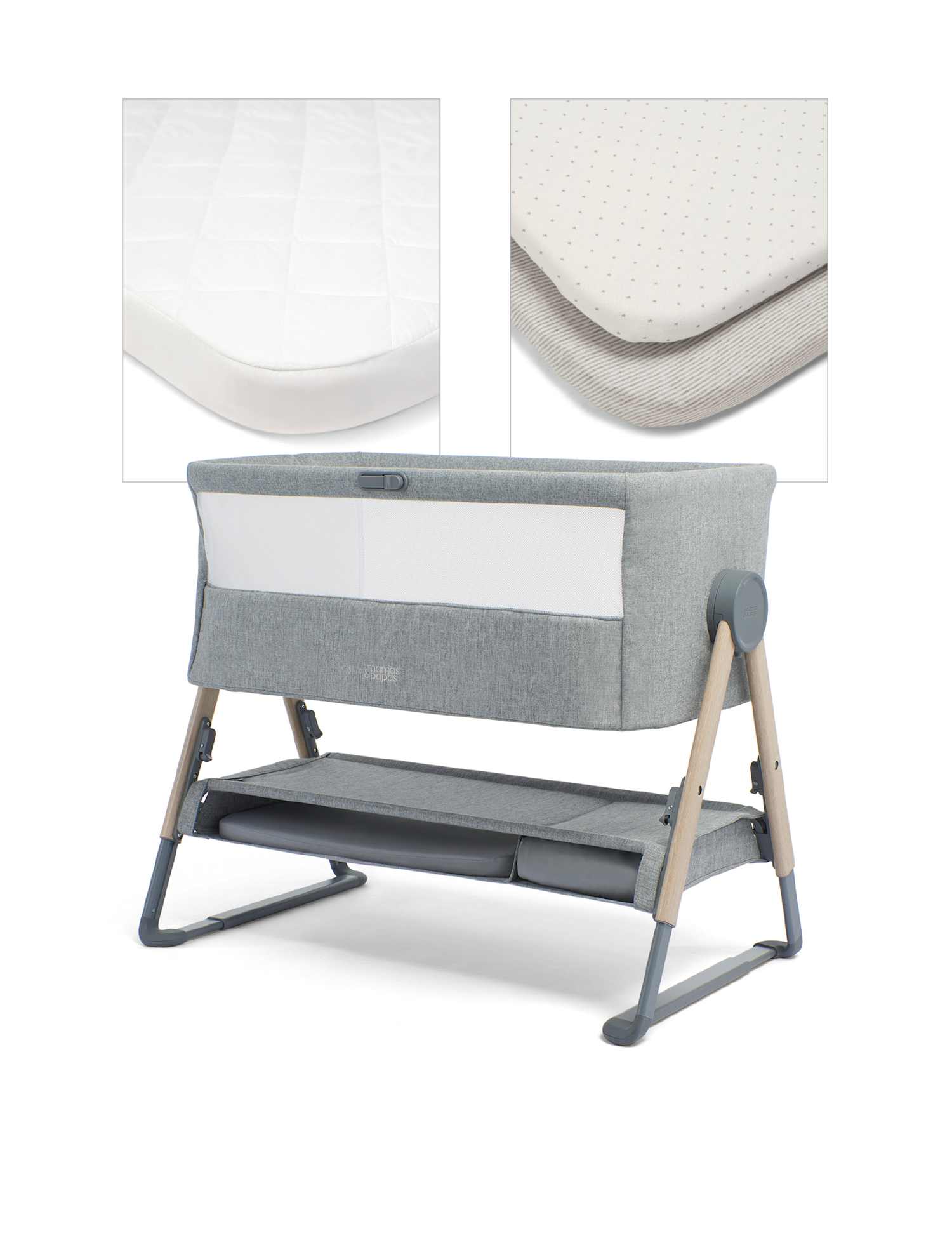 Mamas & Papas Lua Bedside Crib Bundle Grey