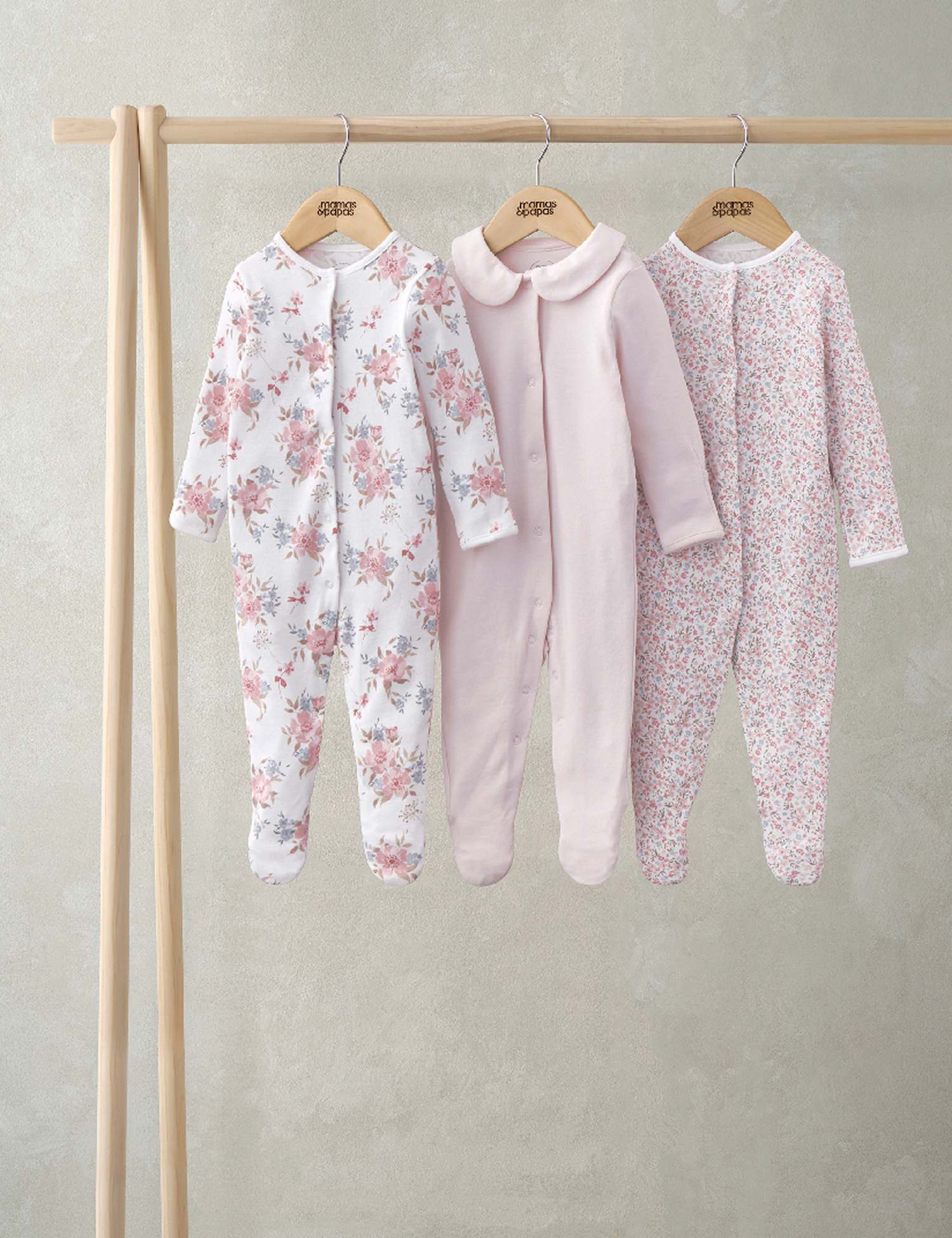 Mamas & Papas 3 Pack Pure Cotton Floral Sleepsuits (0-24 Mths) Pink Mix