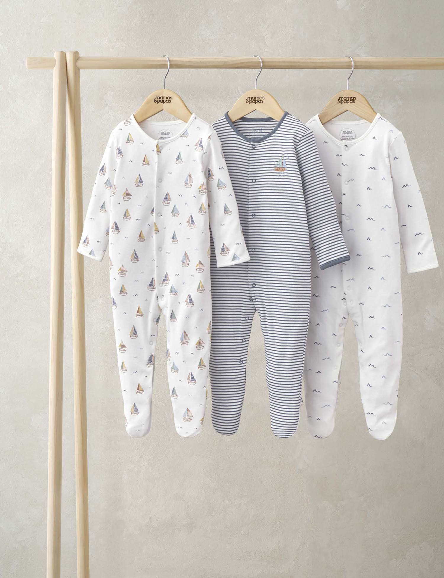 Mamas & Papas 3 Pack Pure Cotton Nautical Sleepsuits (0-24 Mths) Multi