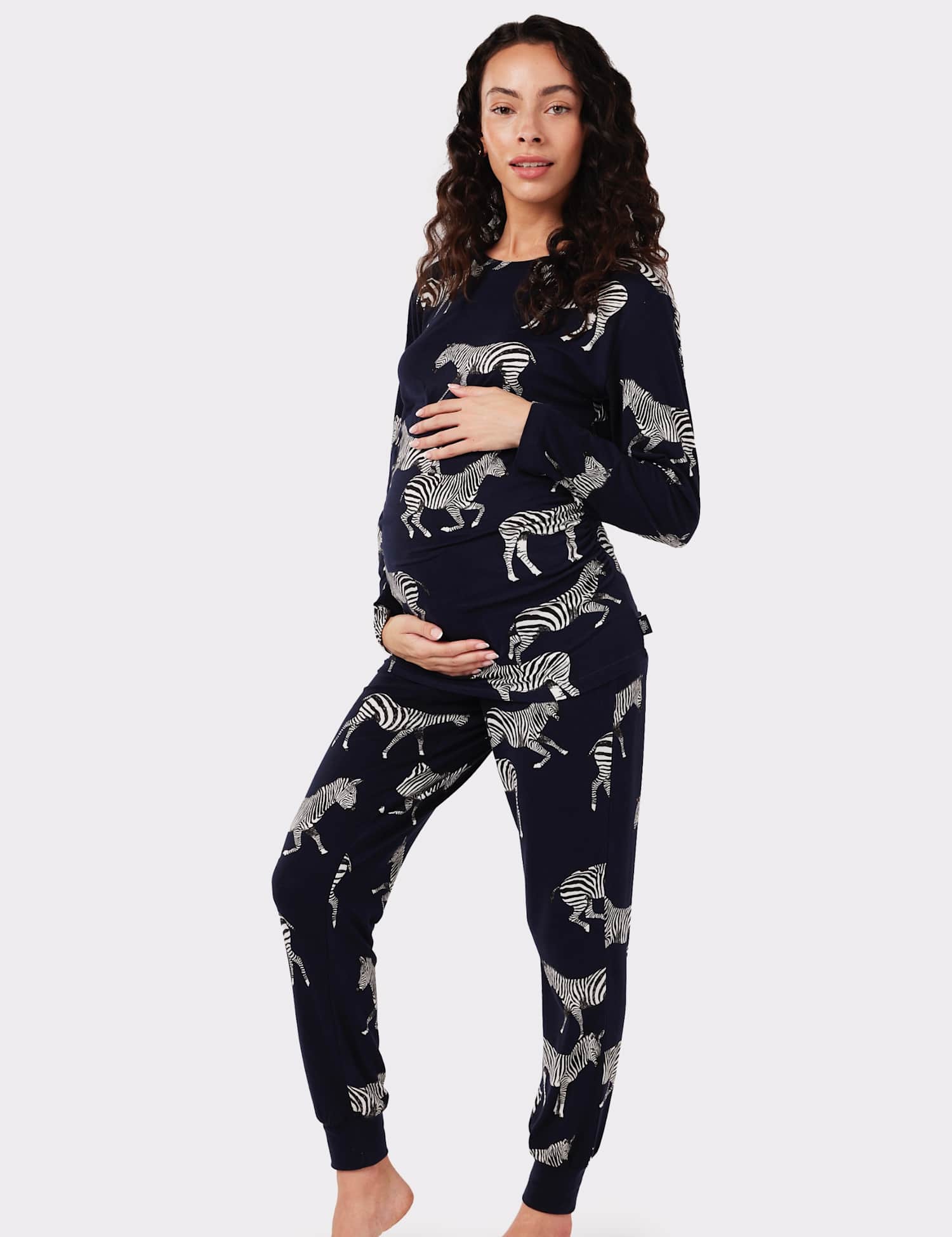 Chelsea Peers Jersey Zebra Print Crew Neck Maternity Pyjama Set Navy Mix