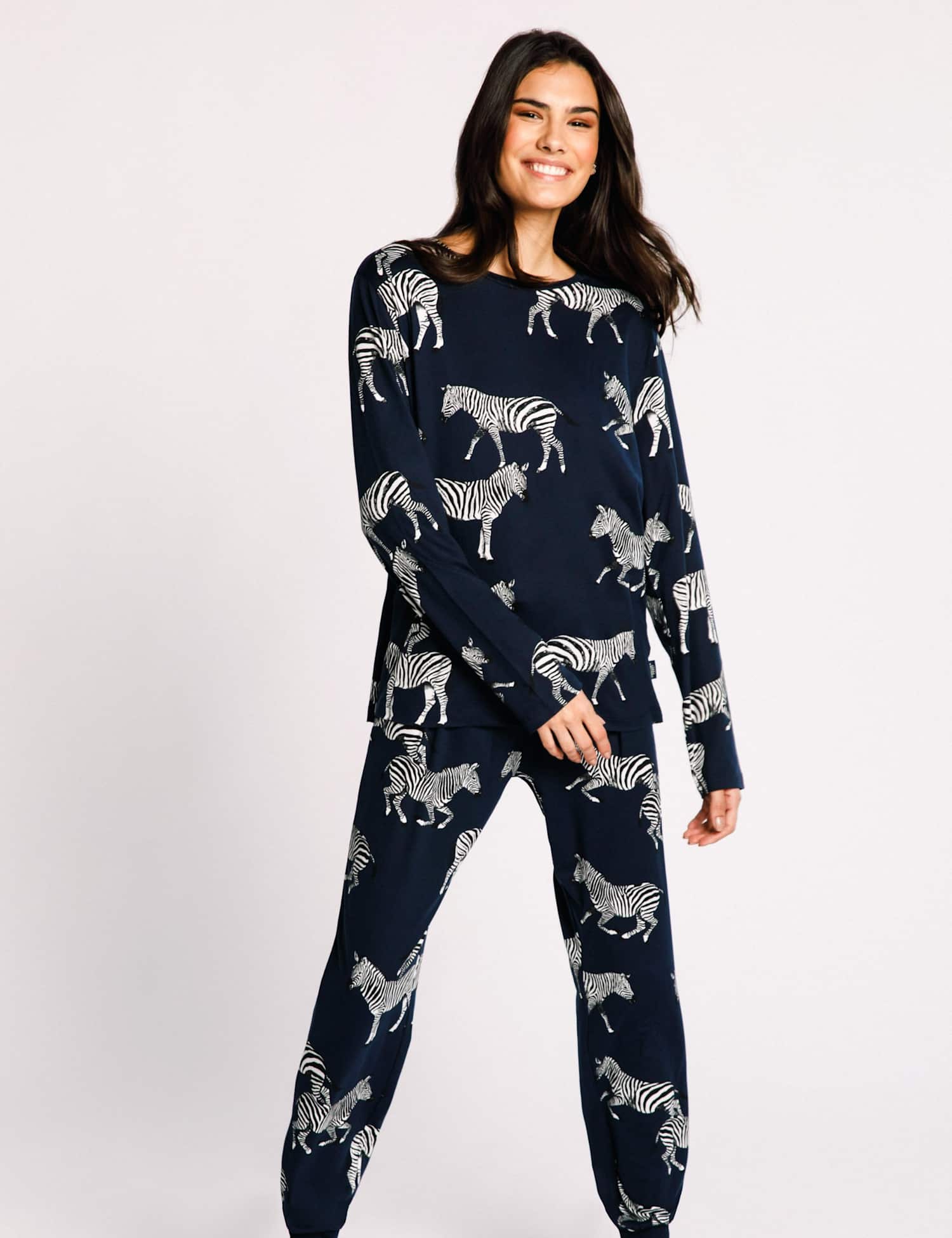 Chelsea Peers Zebra Print Crew Neck Pyjama Set Navy Mix