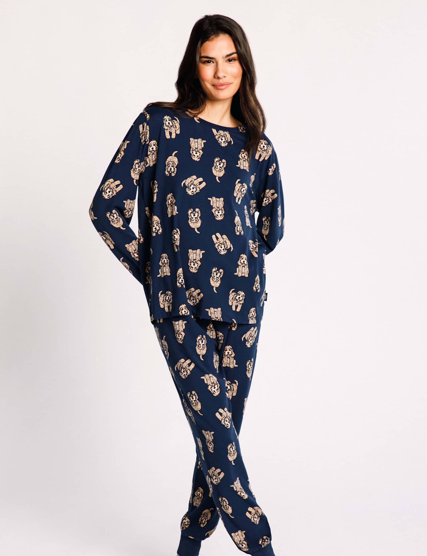 Chelsea Peers Cockapoo Snooze Print Crew Neck Long Pyjama Se Navy Mix