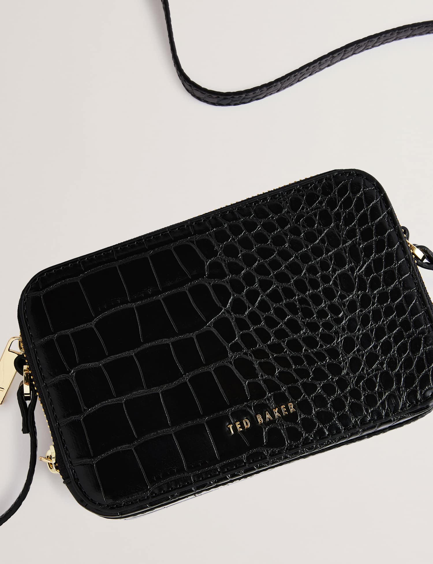 Ted Baker Leather Croc Effect Mini Camera Bag Black