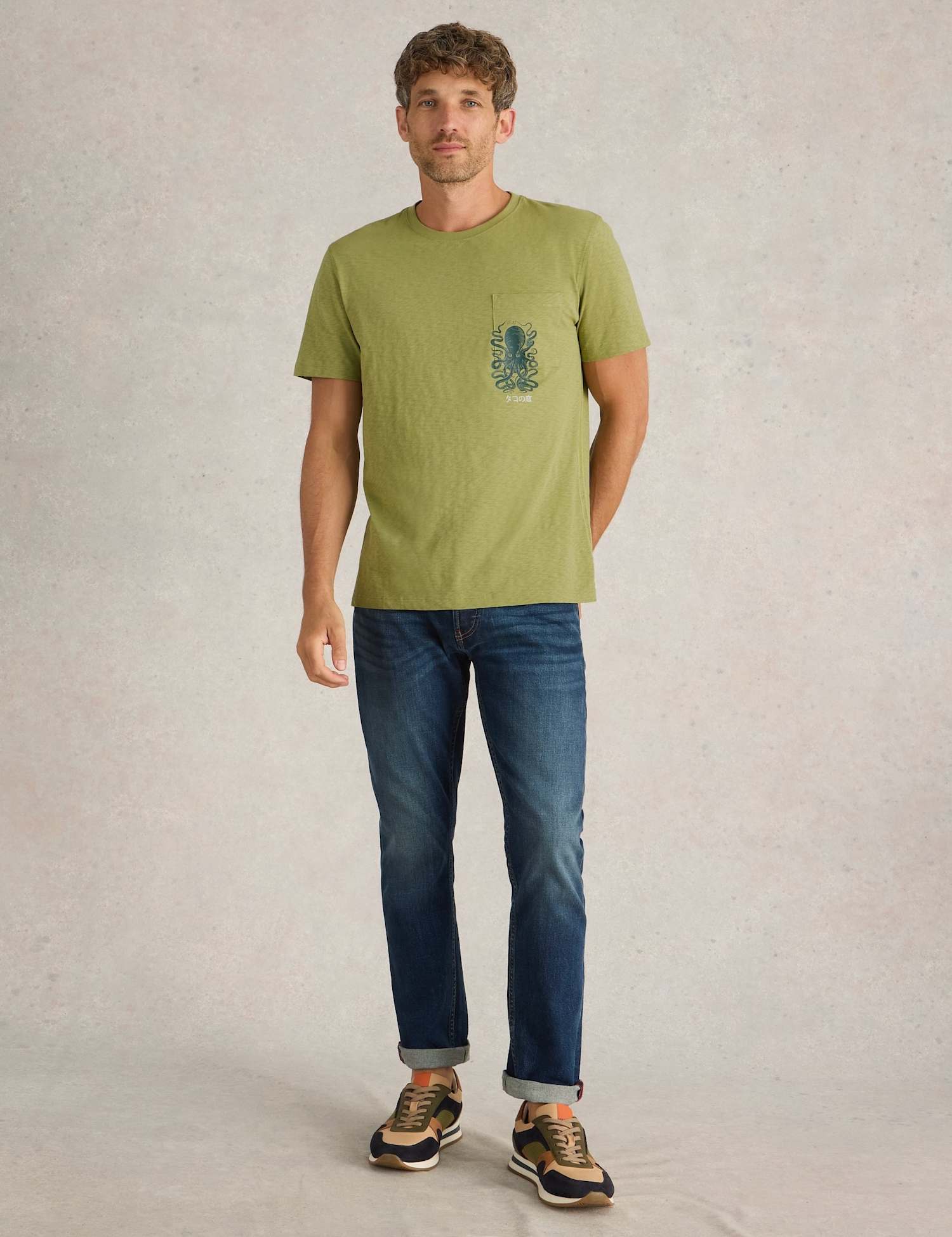 White Stuff Pure Cotton Octopus Graphic Crew Neck T-Shirt Green Mix