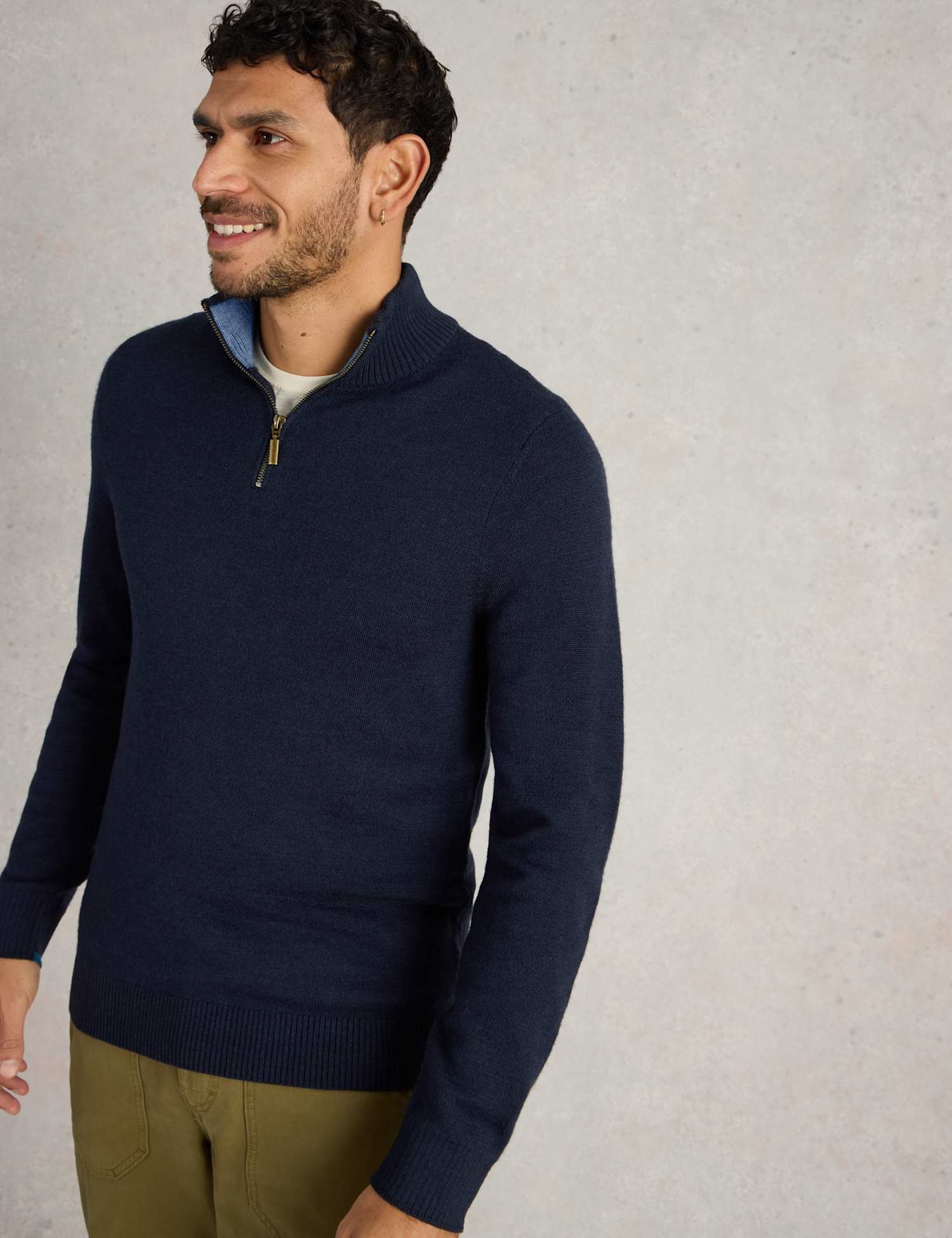 White Stuff Pure Merino Wool Funnel Neck Half Zip Jumper Navy