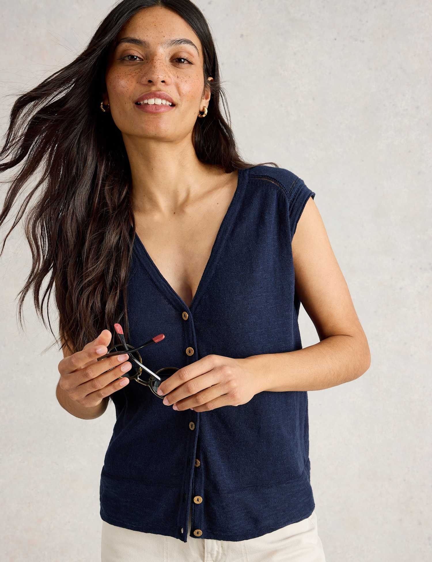 White Stuff V-Neck Sleeveless Cardigan with Linen Navy