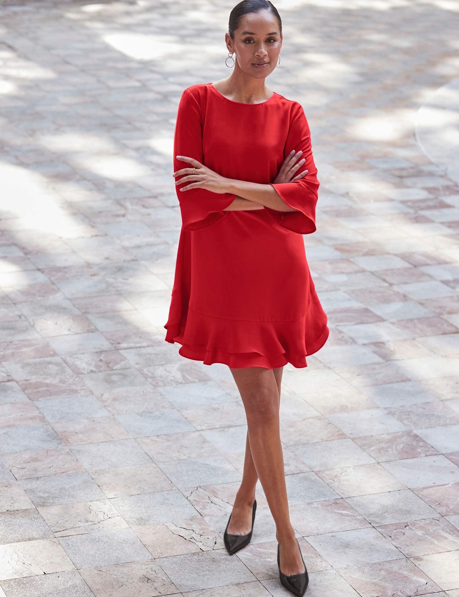SOSANDAR Ruffle Hem Shift Dress Red