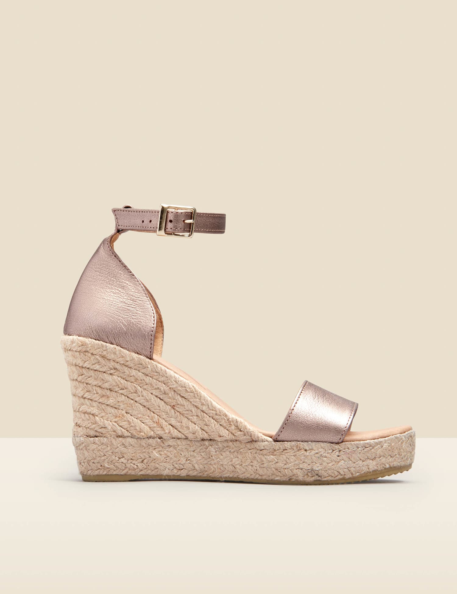 SOSANDAR Leather Ankle Strap Wedge Espadrilles Gold