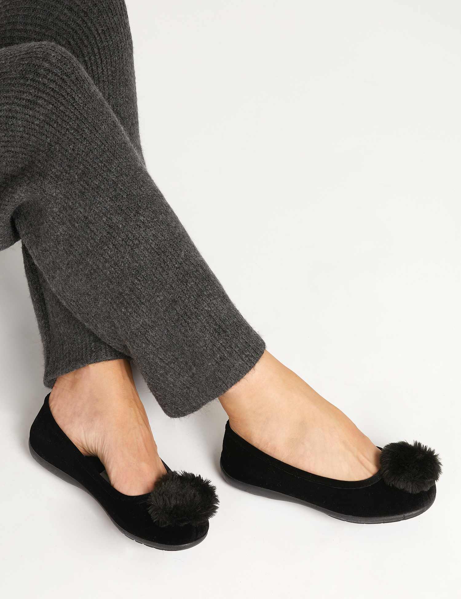 Jones Bootmaker Pom Pom Ballerina Slippers Black