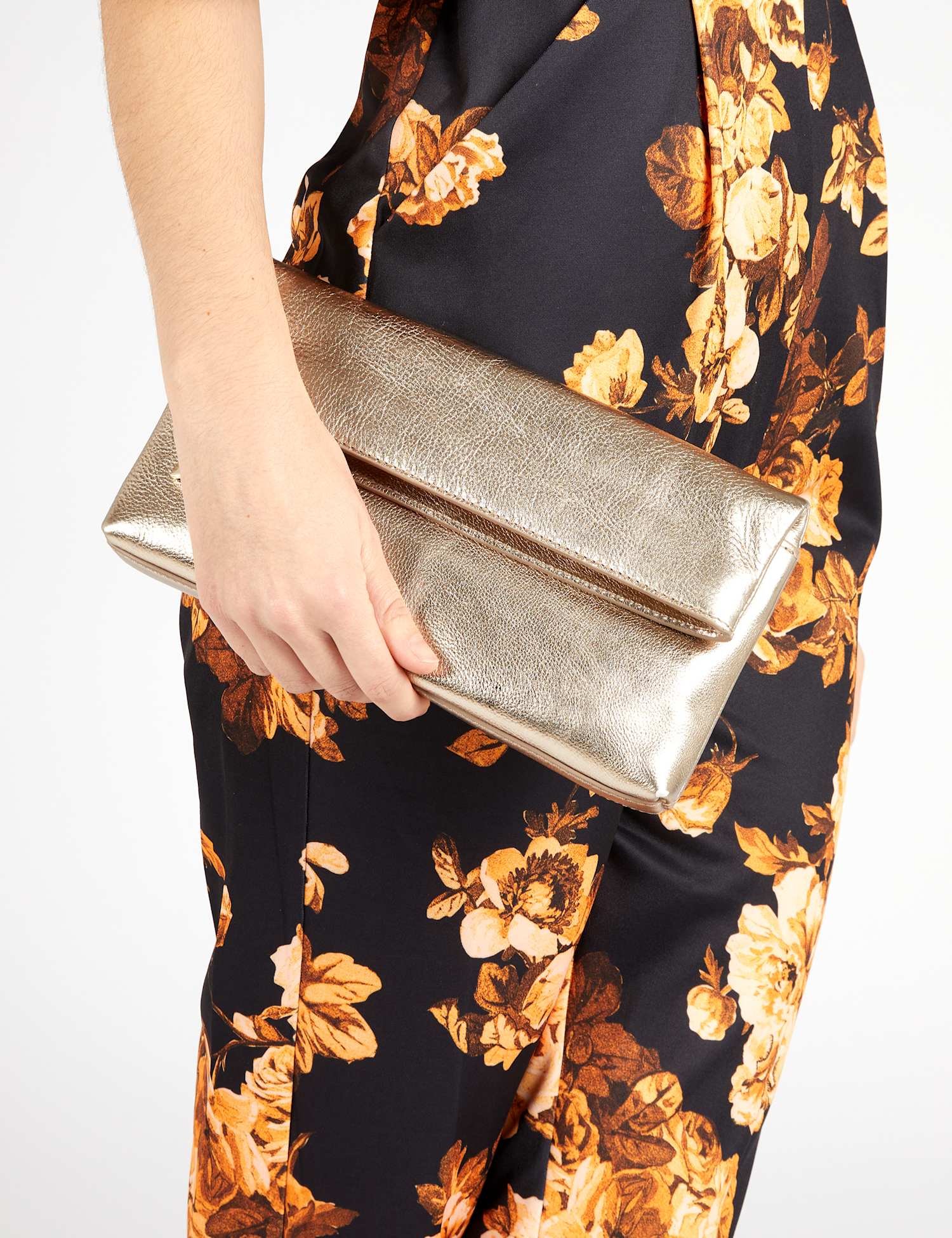 Jones Bootmaker Leather Metallic Foldover Clutch Bag Gold