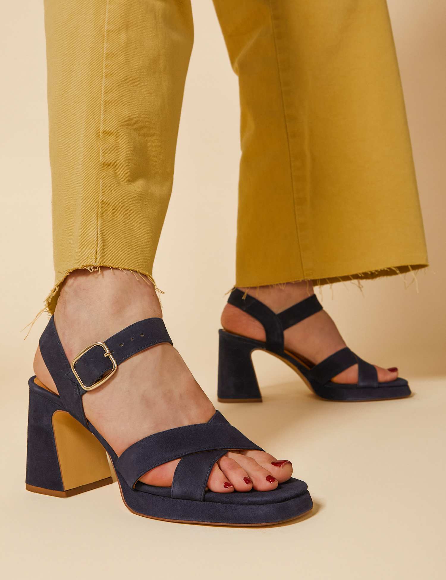 Jones Bootmaker Suede Ankle Strap Block Heel Platform Sandals Navy