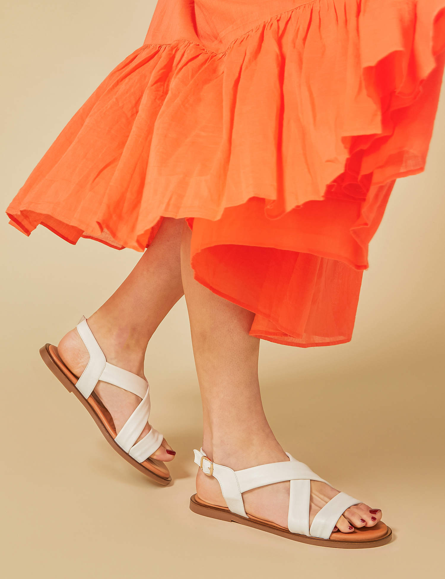 Jones Bootmaker Leather Ankle Strap Flat Sandals White