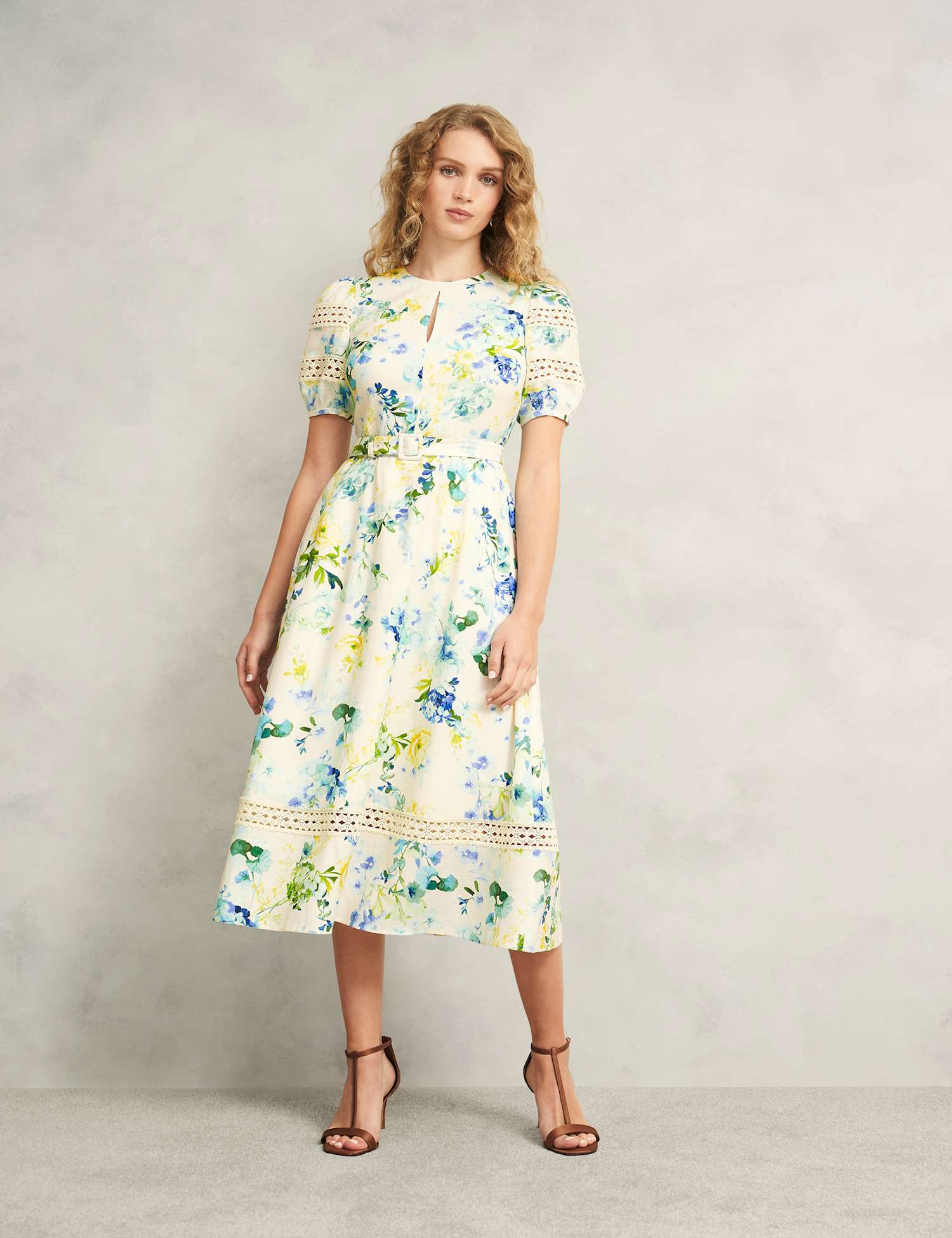 HOBBS Floral Midi Skater Dress with Linen Ivory Mix