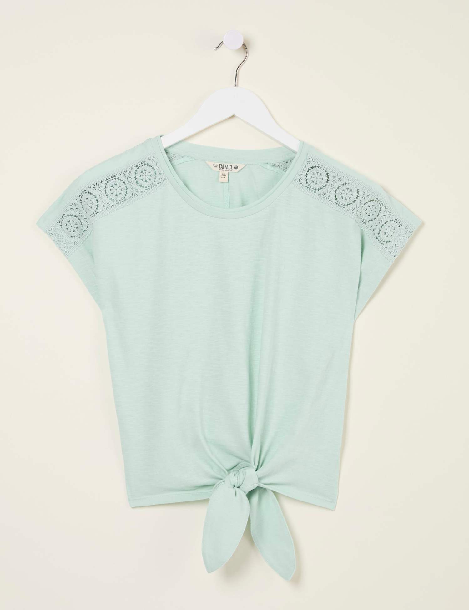 FatFace Pure Cotton Lace Detail Tie Front Top Green