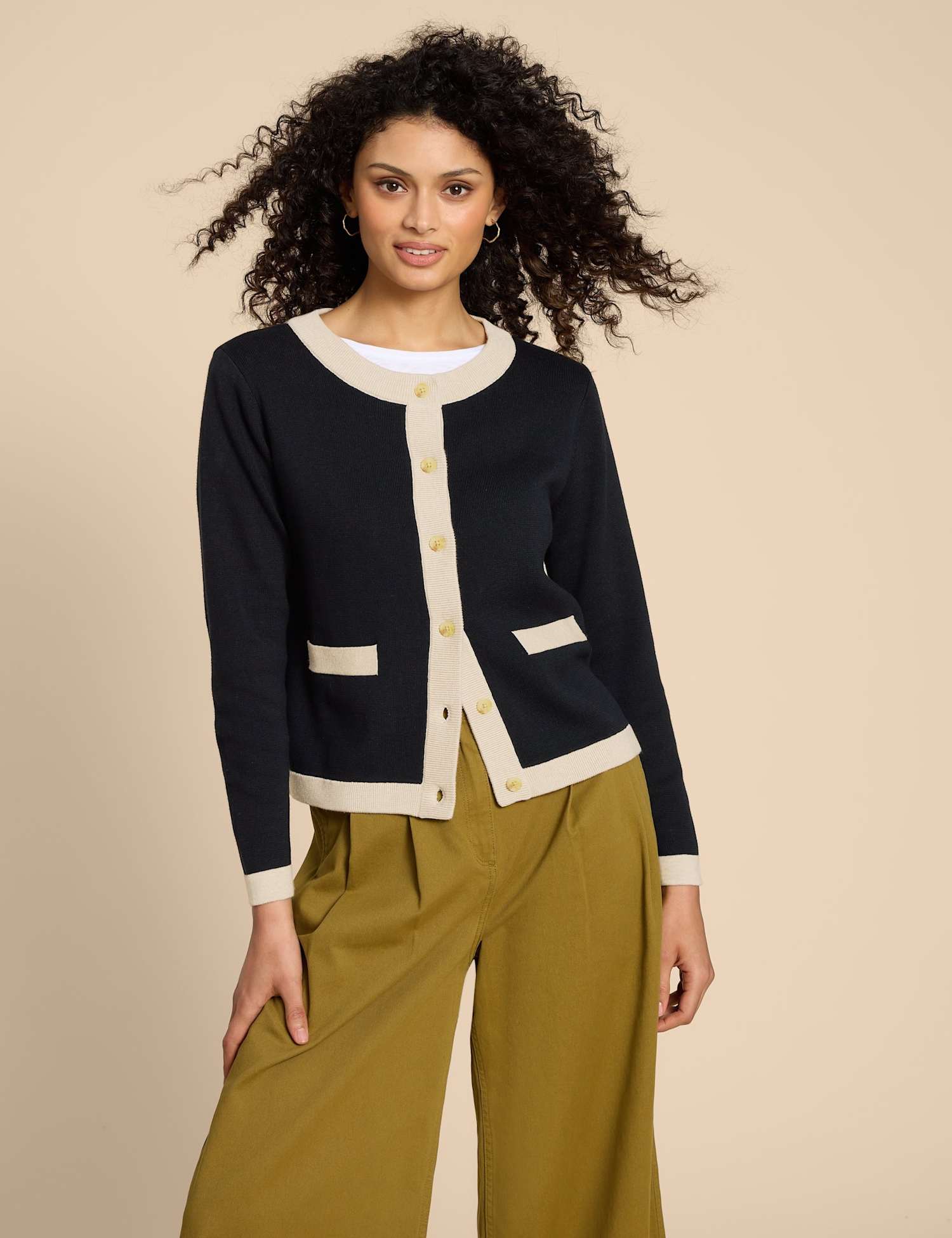 White Stuff Pure Cotton Contrast Trim Cardigan Black Mix